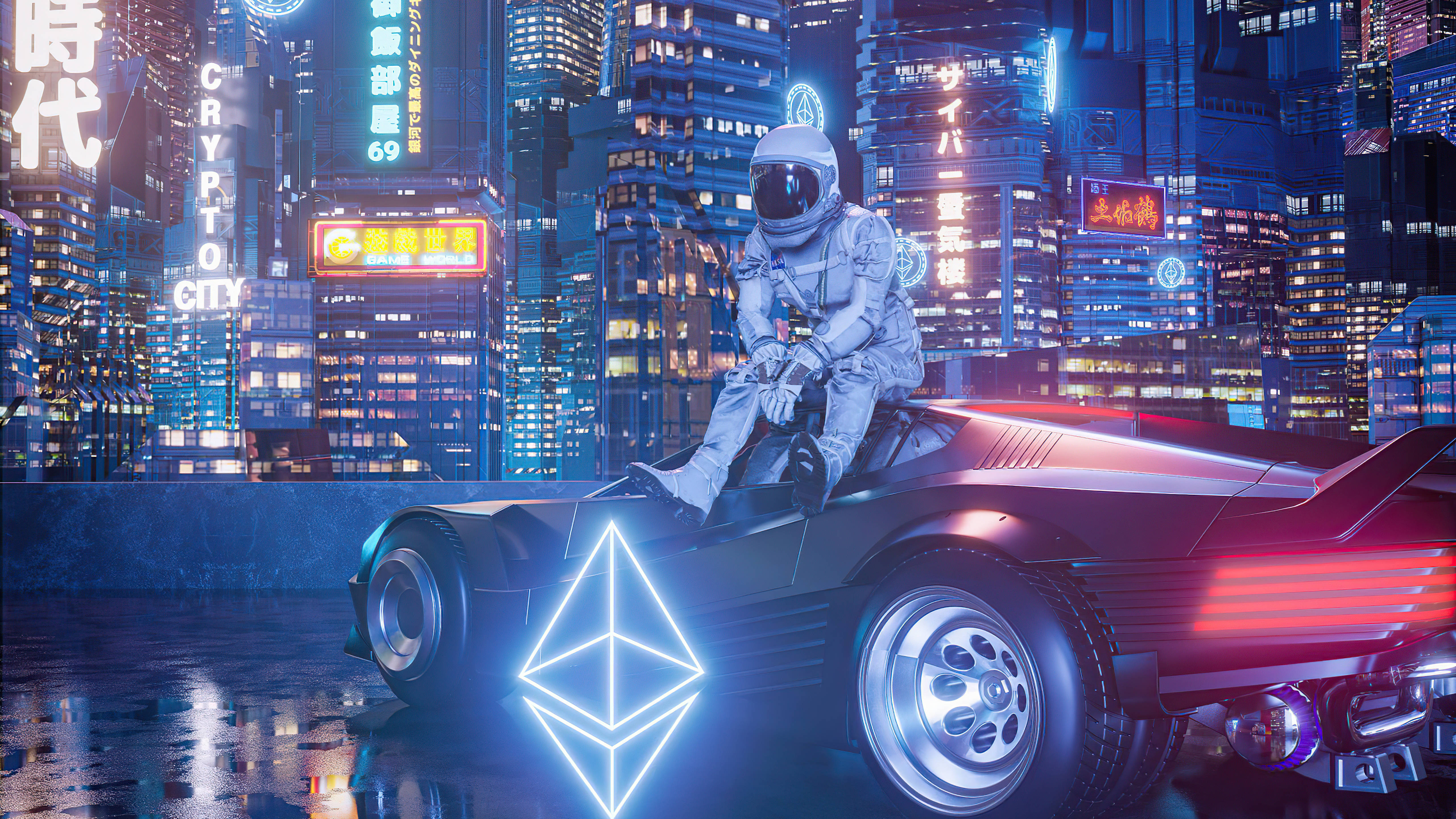 4K Astronaut, glowing sports car, neon-lit cyberpunk cityscape, 5K Desktop Wallpaper