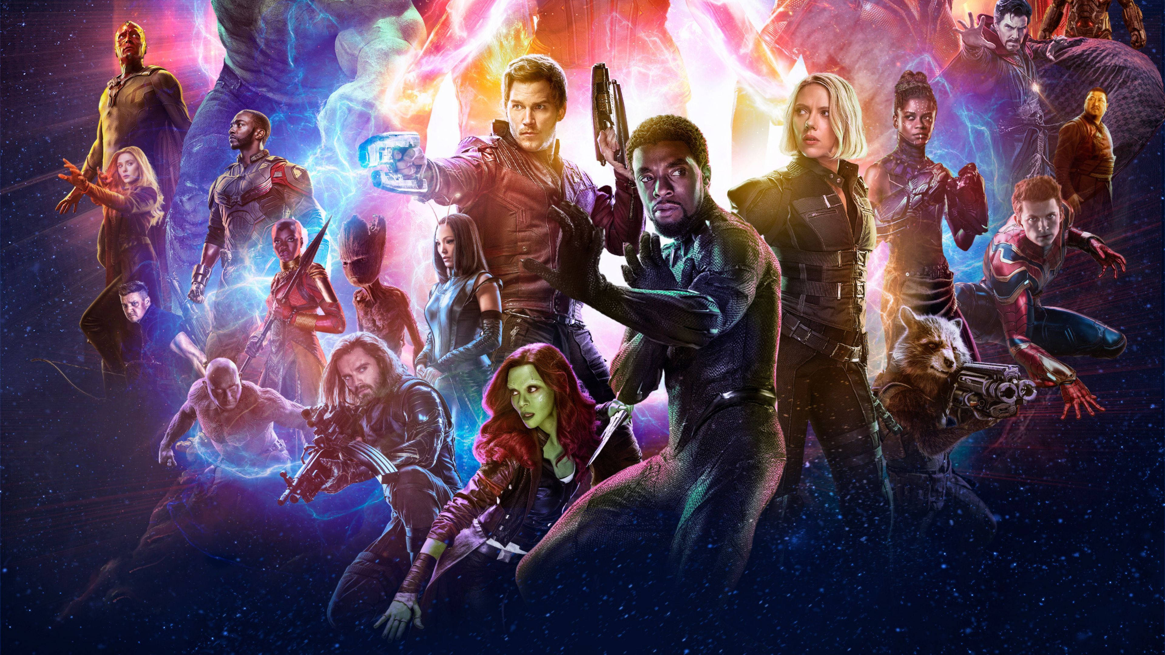 Avengers, cosmic backdrop, glowing energy, 4K Desktop Wallpaper