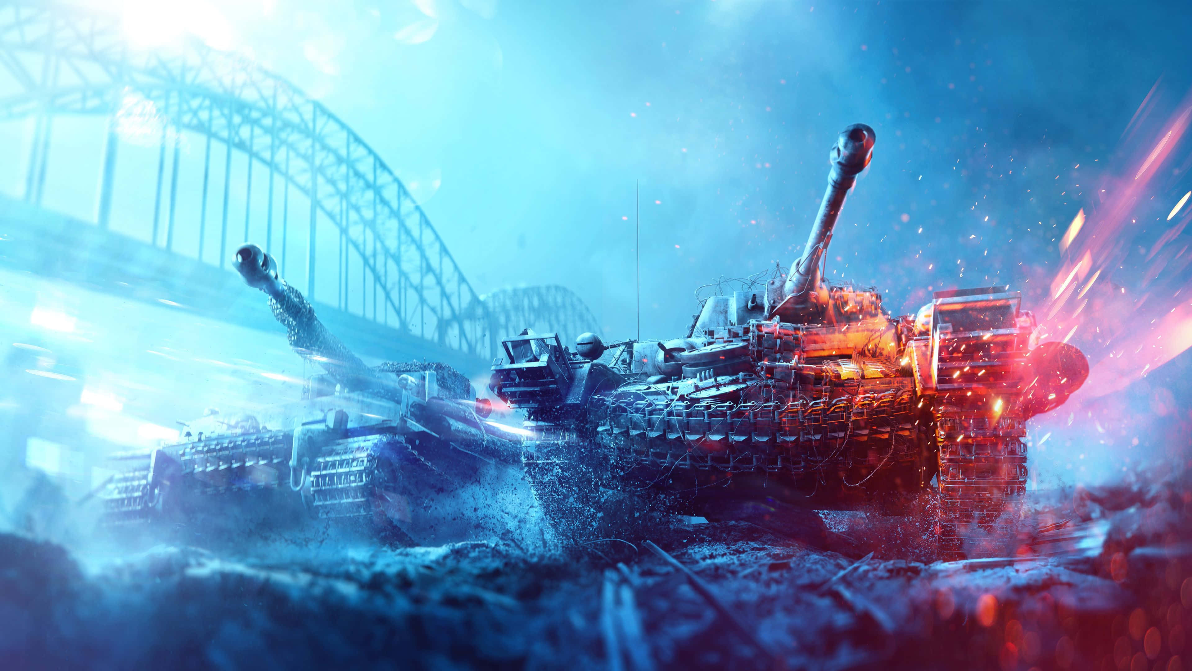 4K Battlefield, battle tanks, glowing bridge, 4K Desktop Wallpaper
