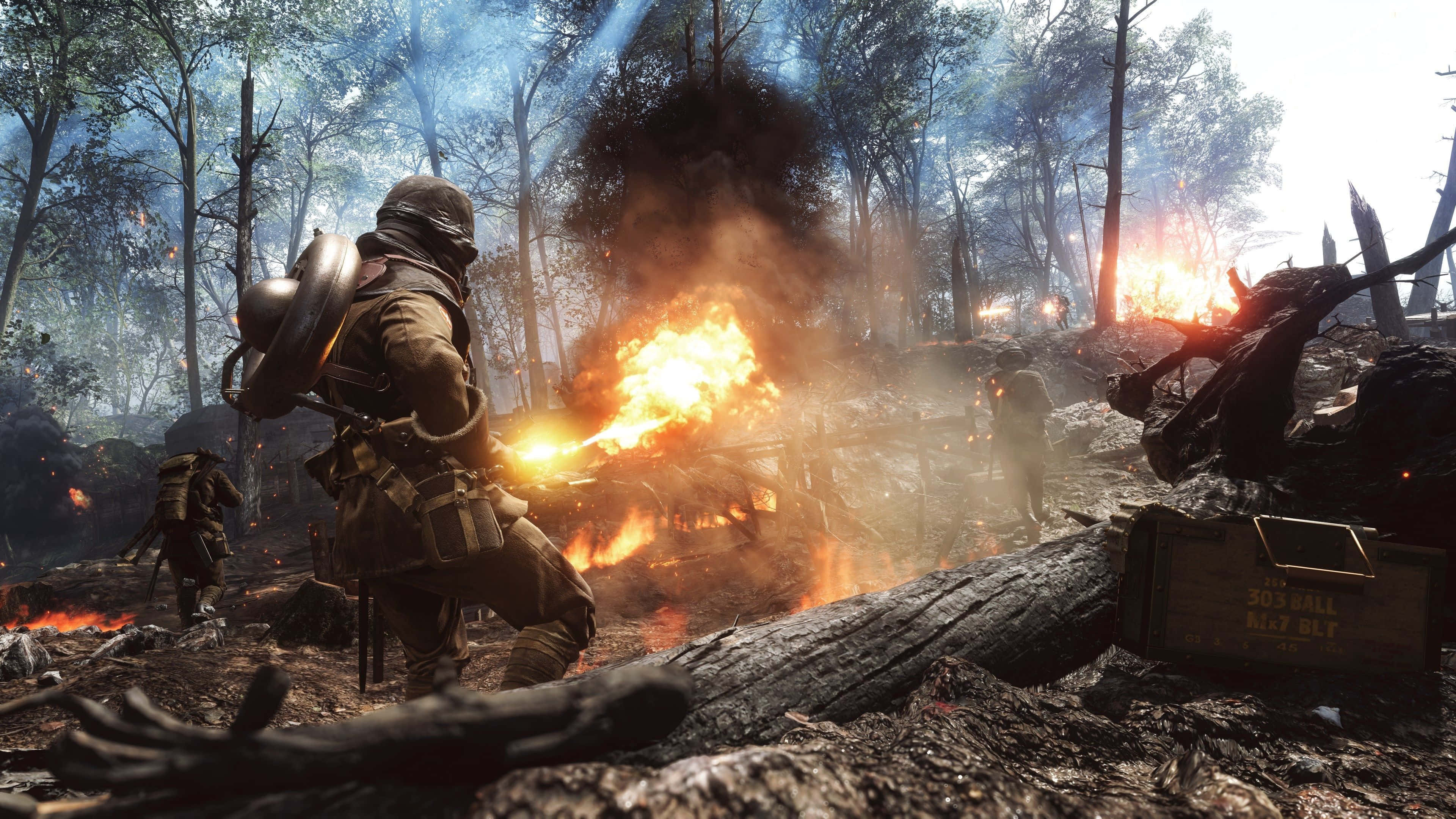 4K Battlefield, war-torn forest battlefield, flames, 4K Desktop Wallpaper