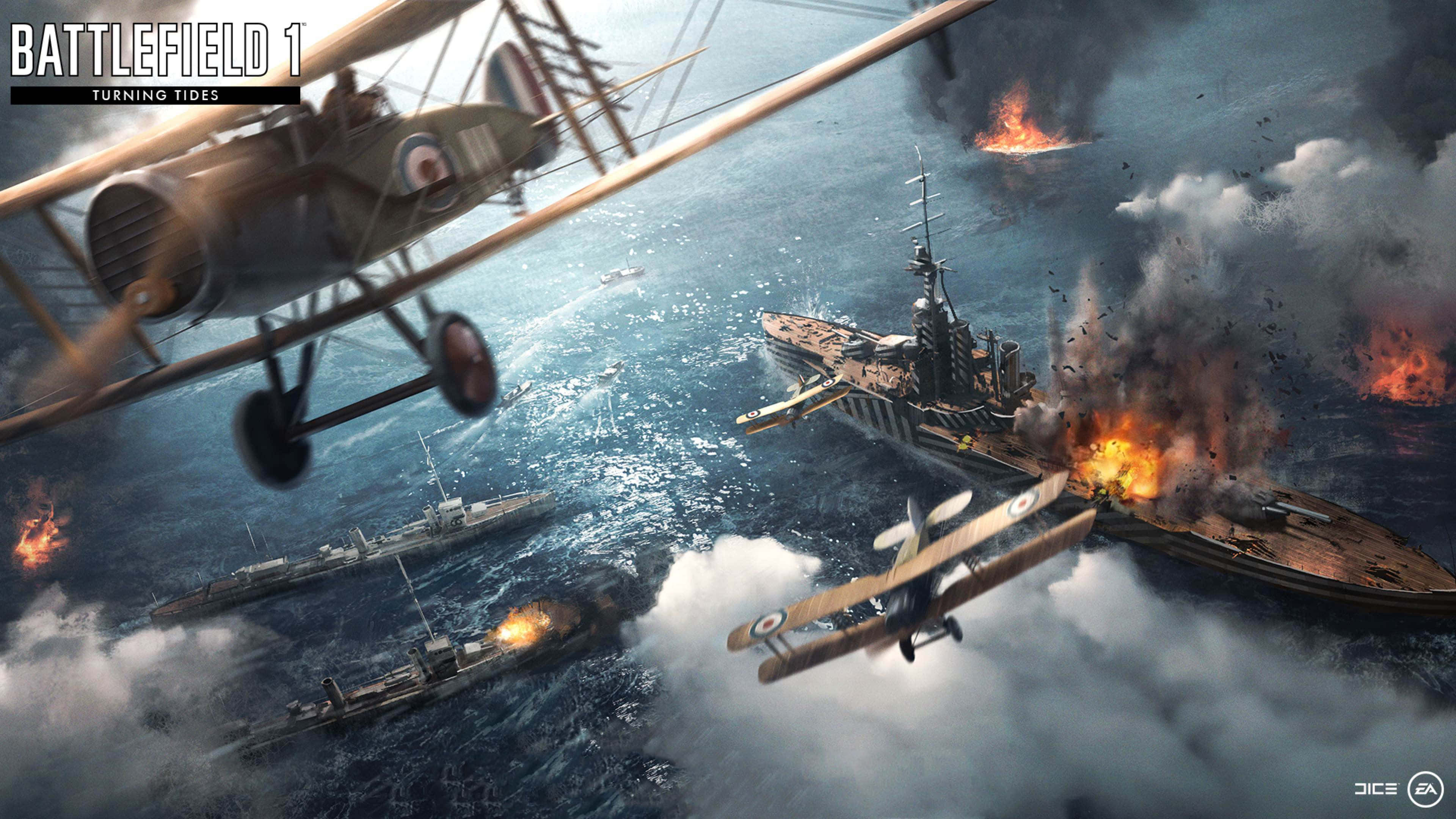 4K Battlefield, warplanes, burning warships, 4K Desktop Wallpaper