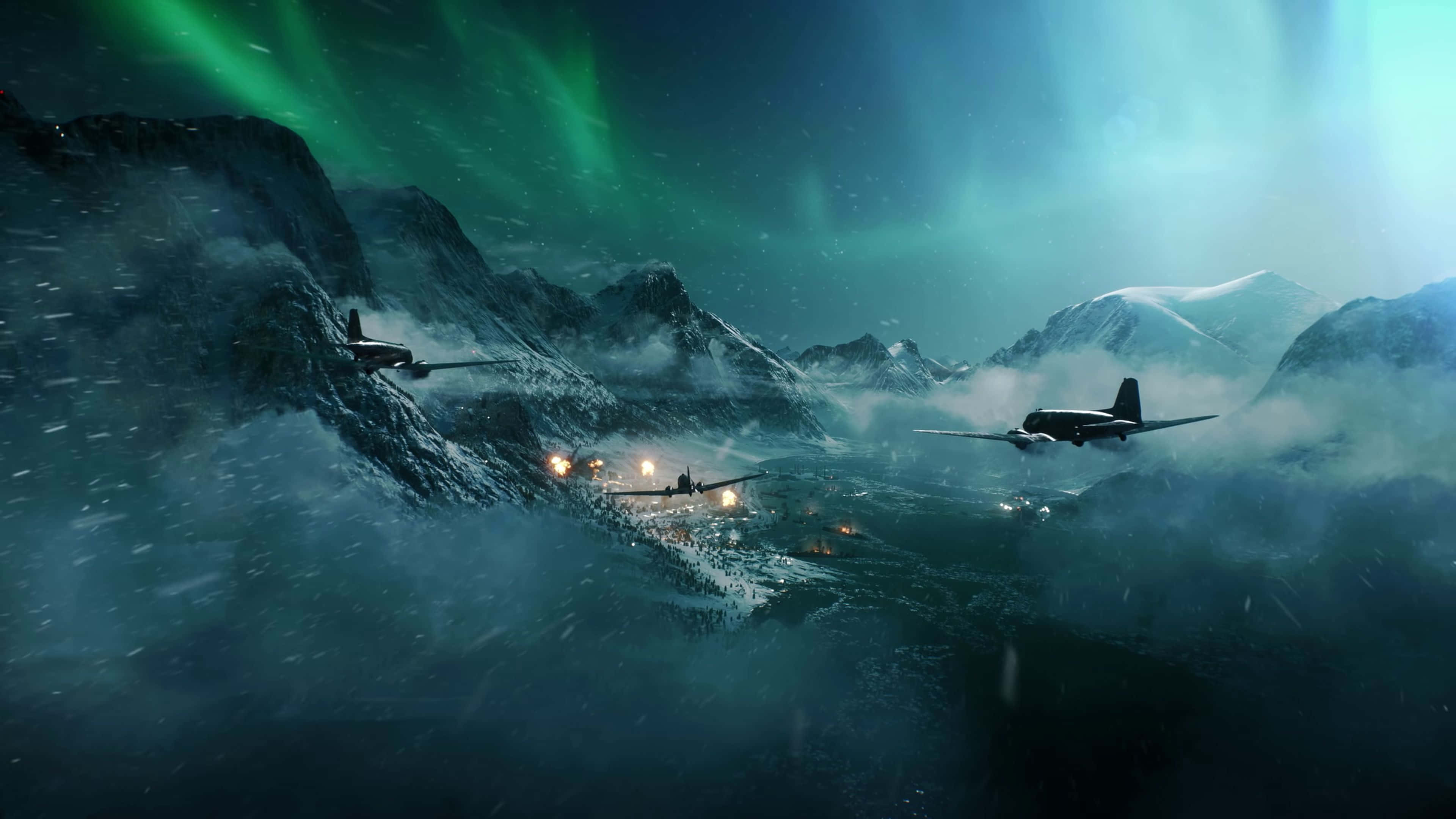 4K Battlefield, vintage warplanes, snowy mountain valley, 4K Desktop Wallpaper