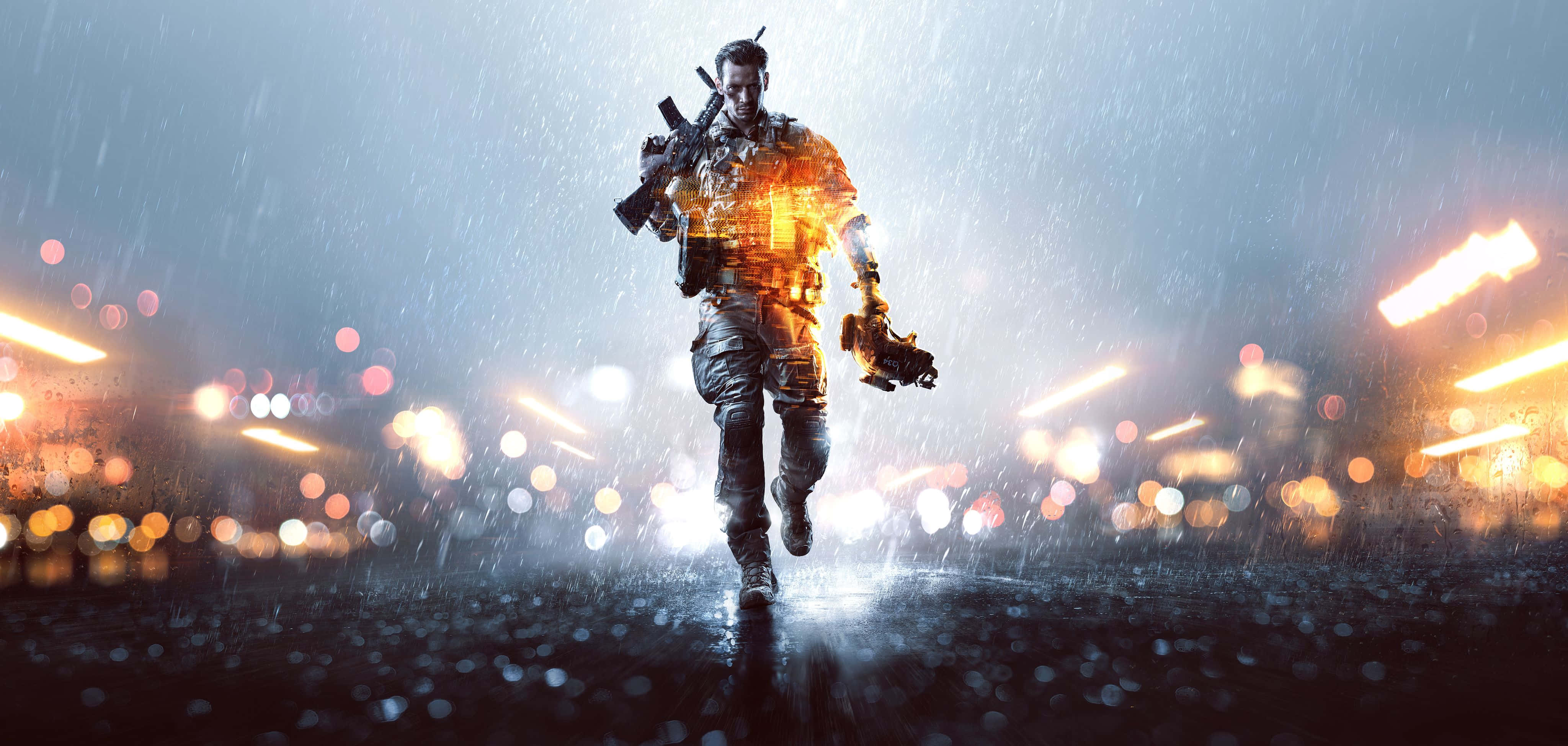 4K Battlefield, rain-drenched city streets, glowing bokeh lights, 4K Desktop Wallpaper