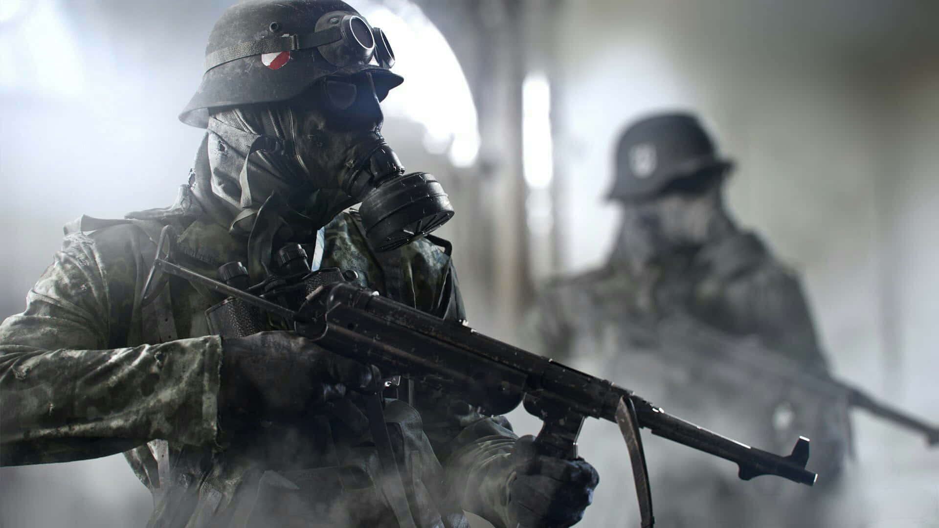 gas mask, camouflage gear, smoky ruined building, Full HD Desktop Wallpaper