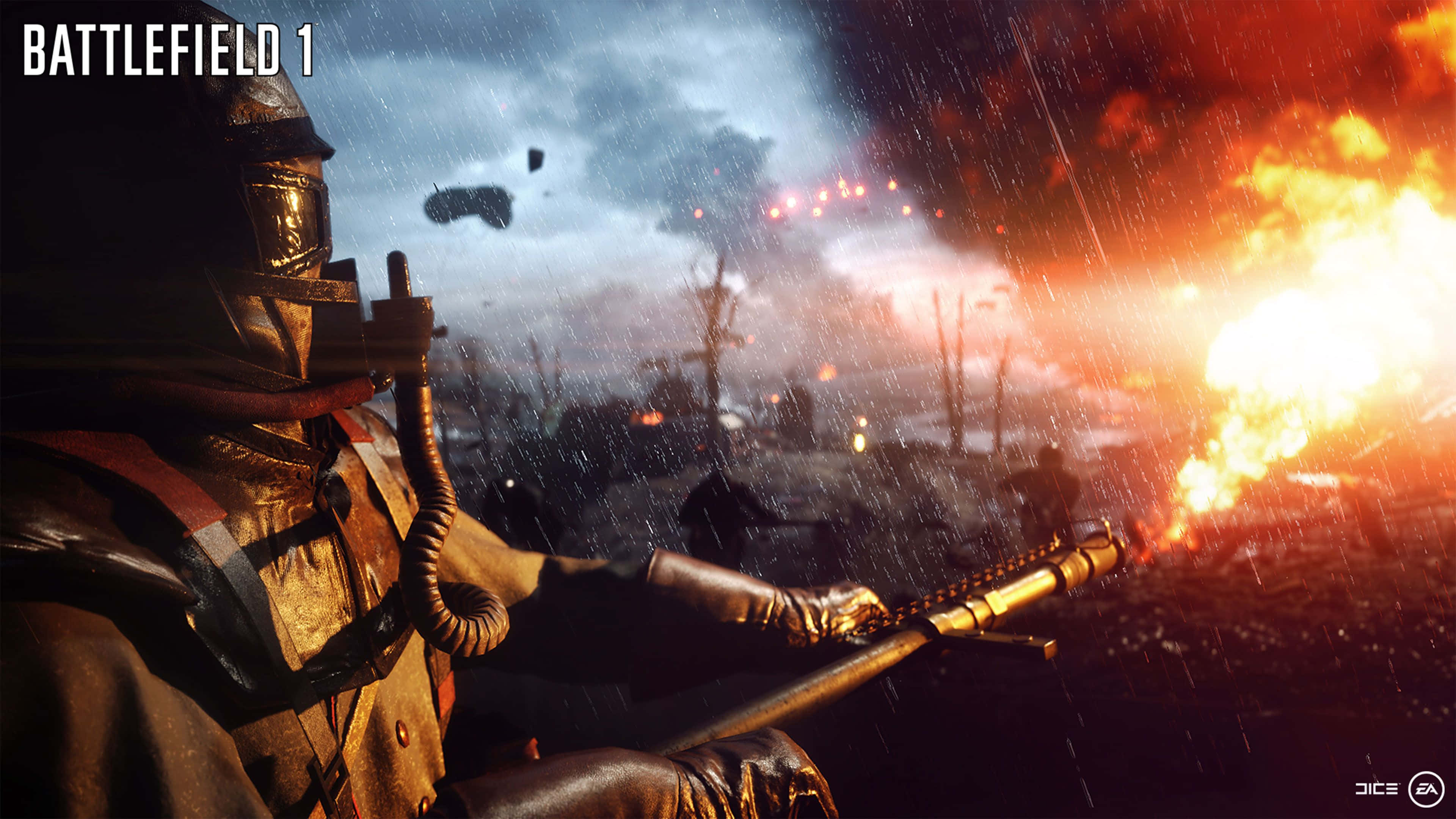 WWI gear, rifle, rain, 4K Desktop Wallpaper