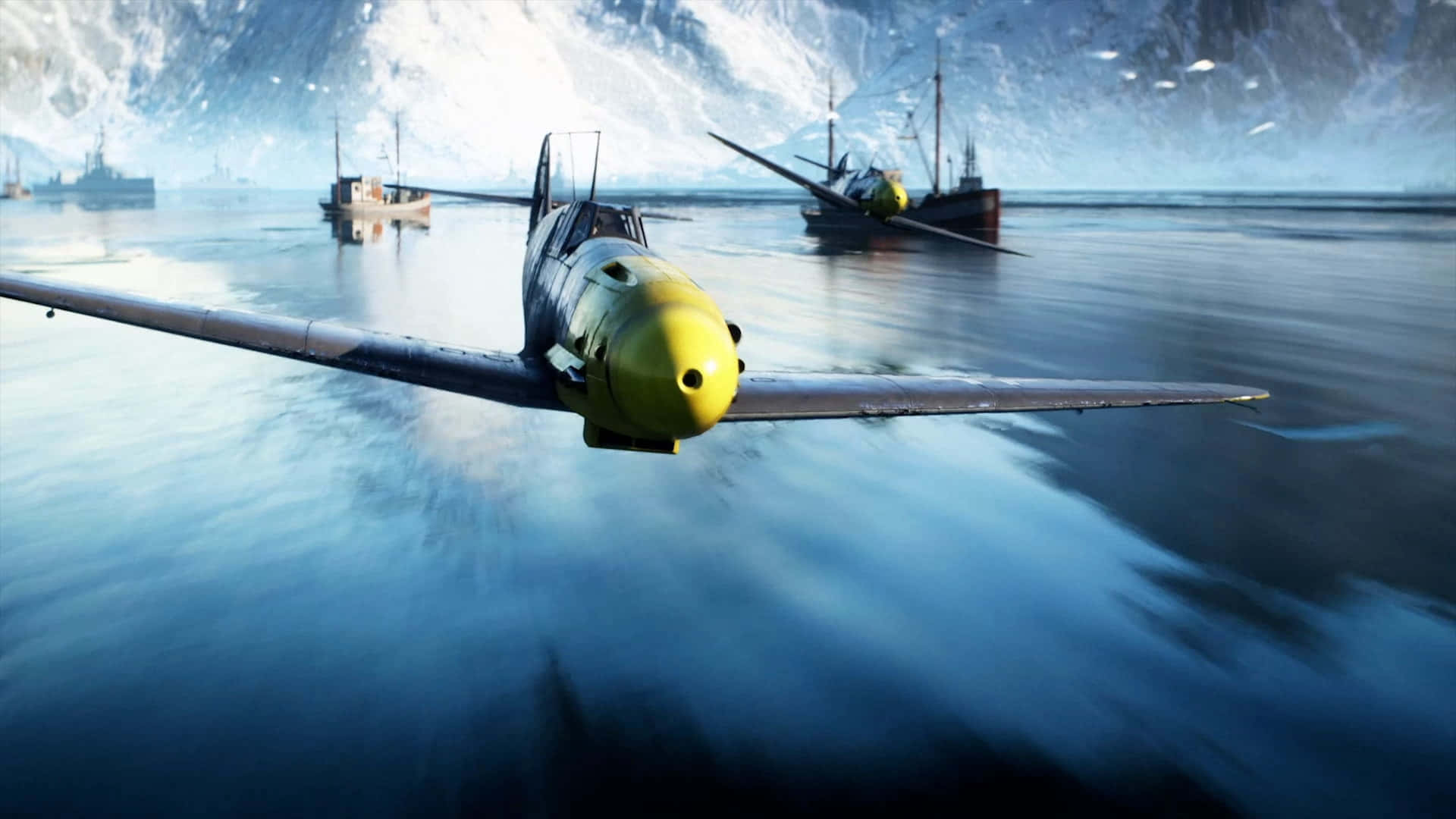 4K Battlefield, yellow-nosed fighter plane, icy waters, Full HD Desktop Wallpaper