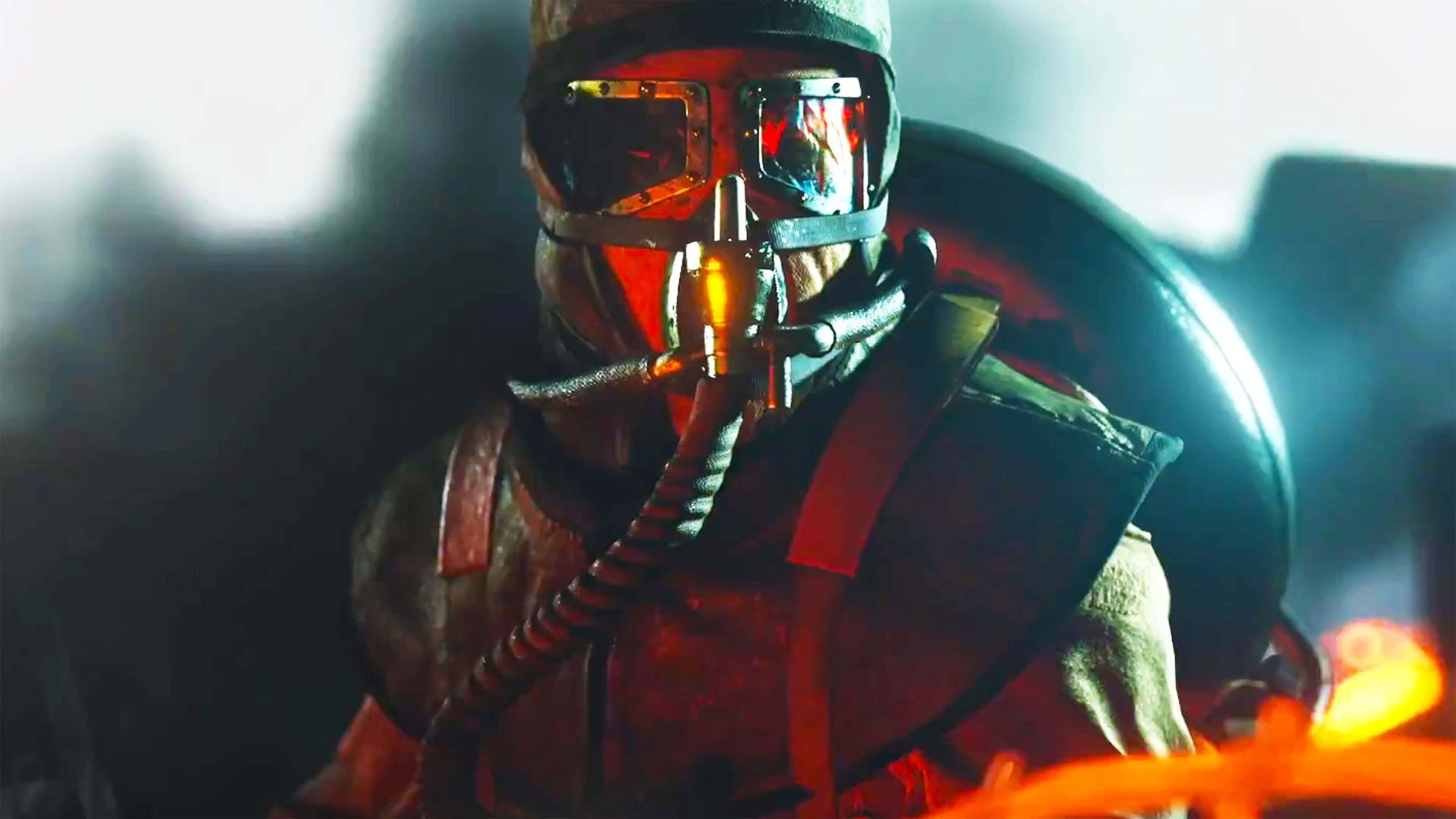 gas mask, futuristic combat gear, glowing red visor, 4K Desktop Wallpaper