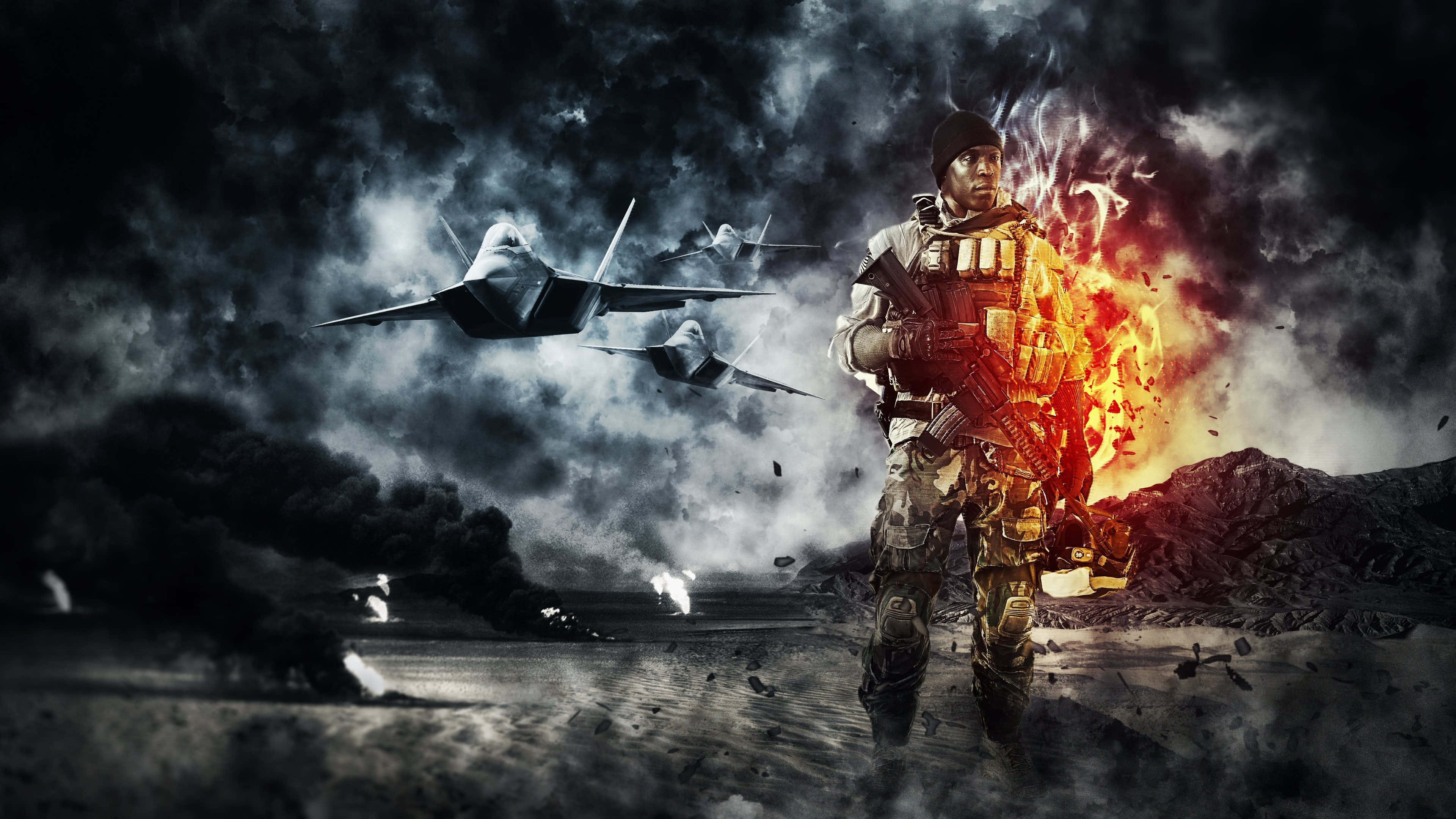 Battlefield 4K, soldier, fiery explosions, 4K Desktop Wallpaper