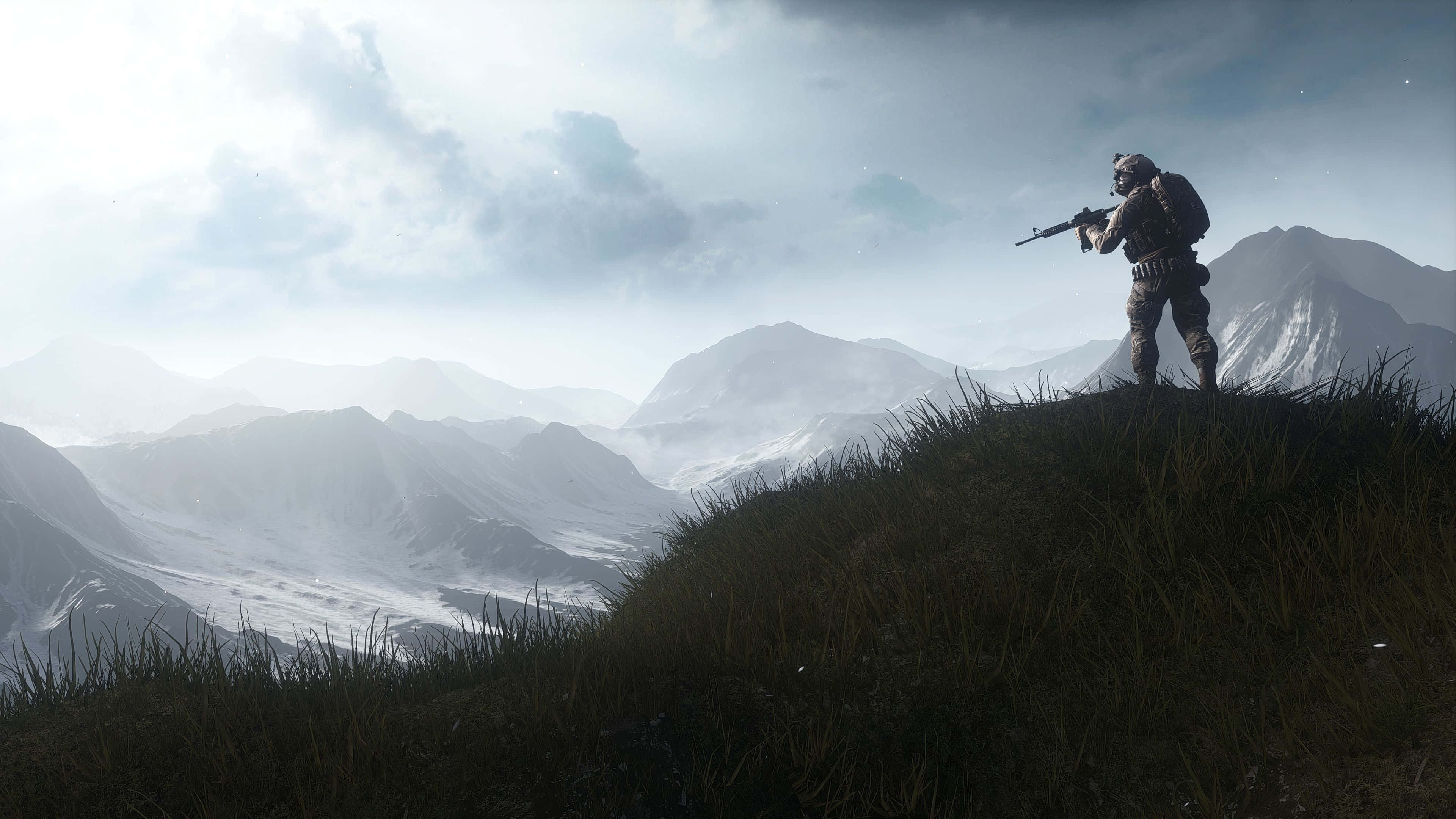 4K Battlefield, soldier, grassy ridge, 4K Desktop Wallpaper