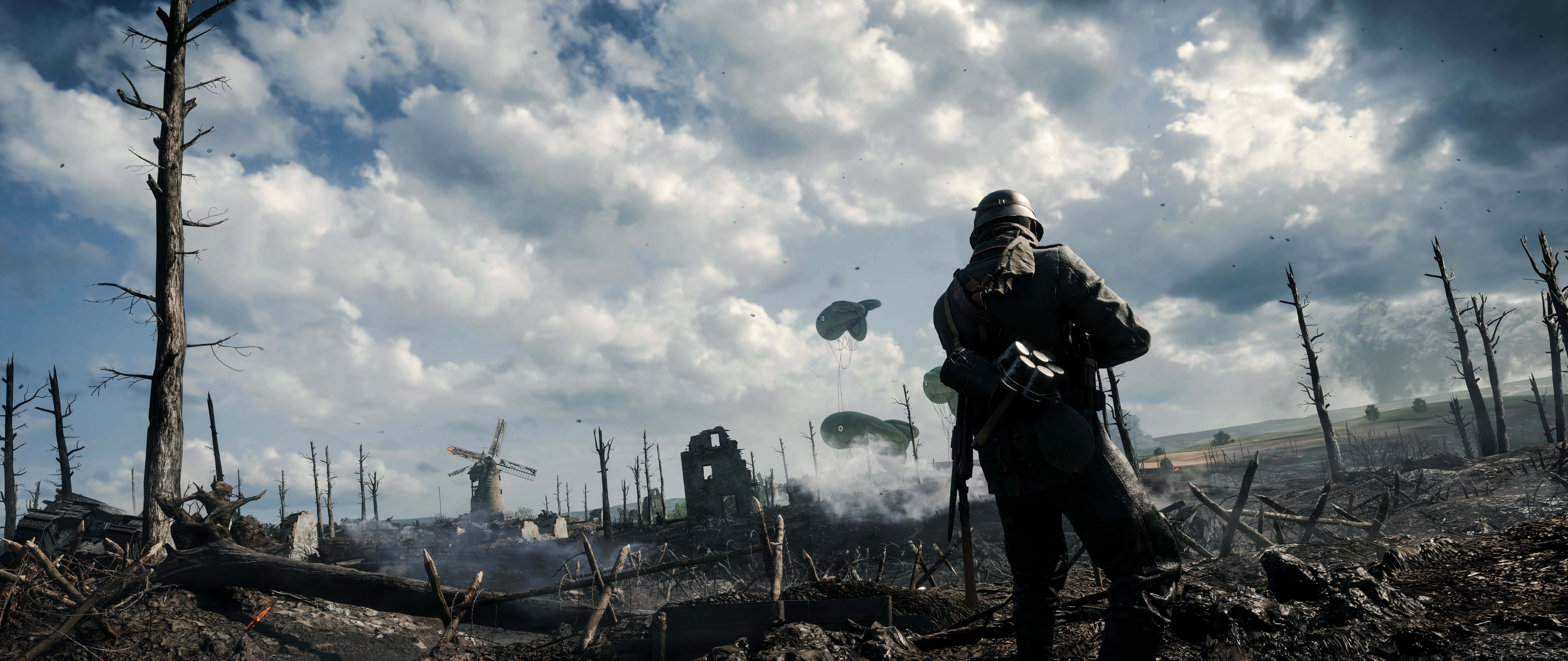 4K Battlefield, war-torn field, broken trees, 8K Desktop Wallpaper