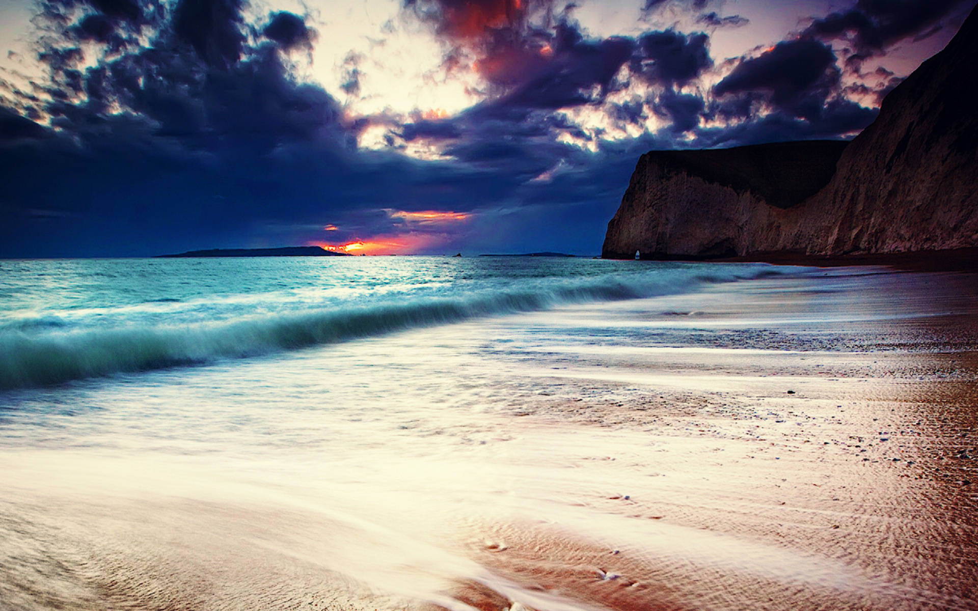 sunset, beach, turquoise waves, Full HD Desktop Wallpaper