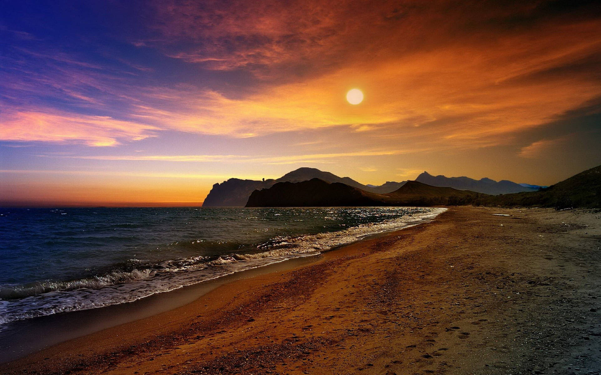 sunset, rocky beach, fiery orange, Full HD Desktop Wallpaper