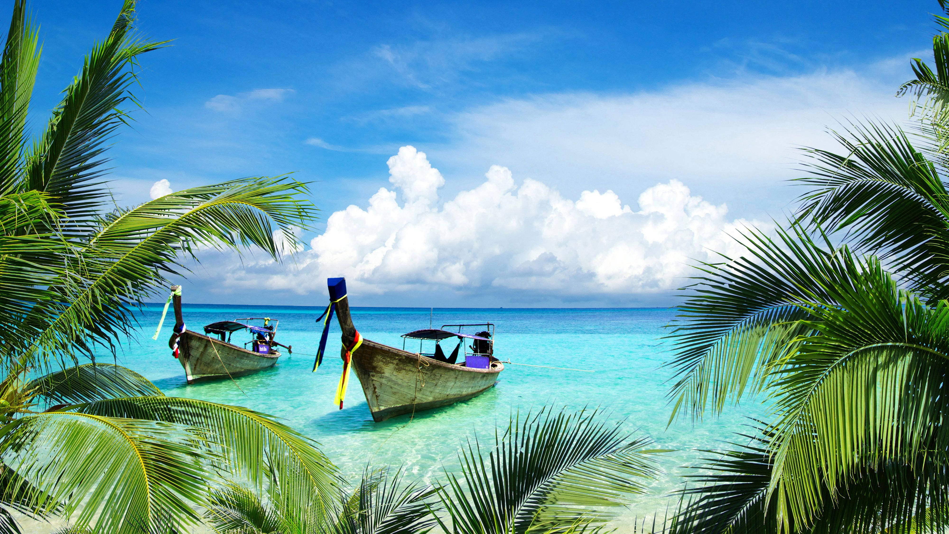 4K Beach, longtail boats, turquoise water, 4K Desktop Wallpaper