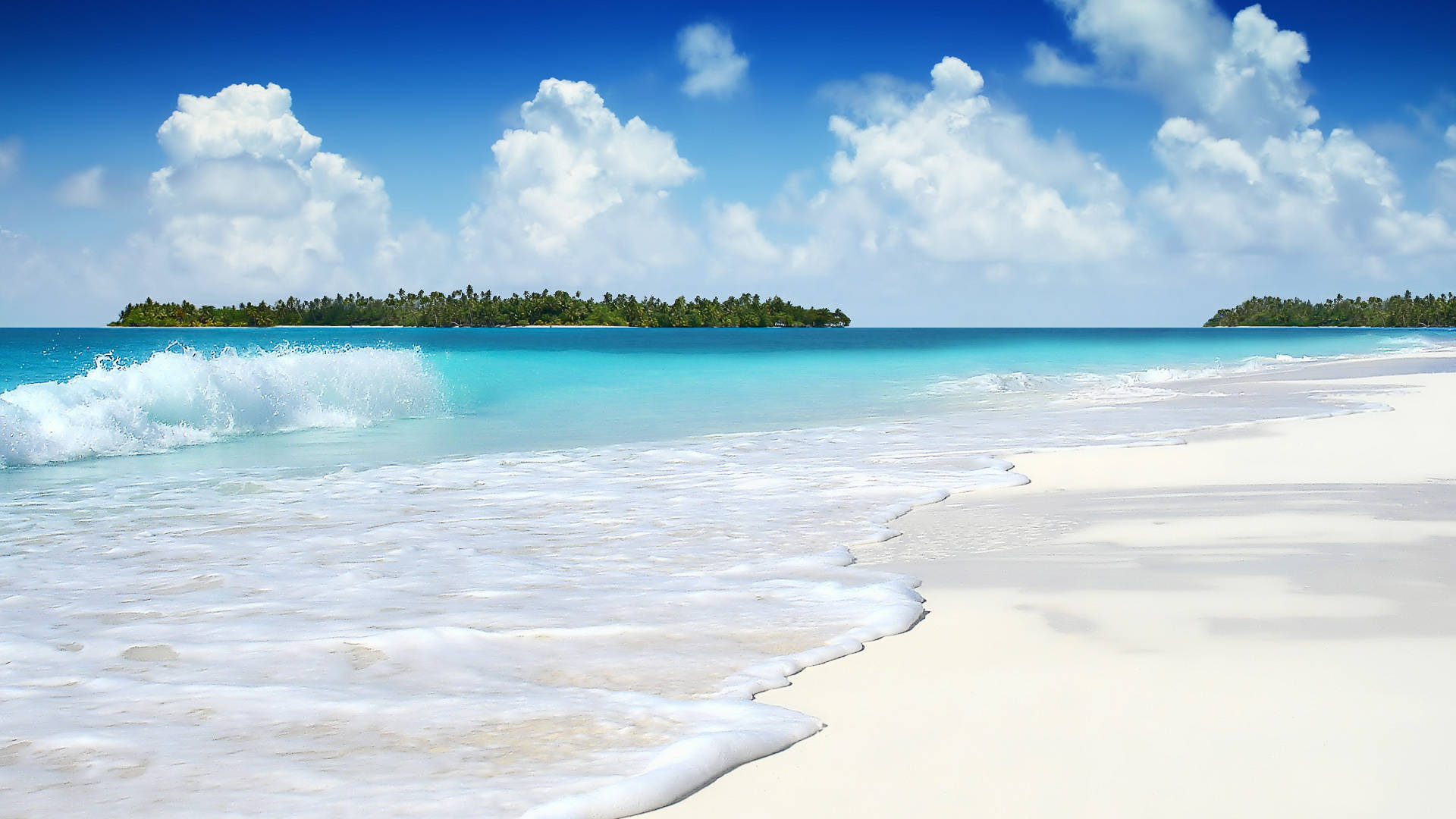 sea foam waves, pristine white sandy beach, bright blue sky, Full HD Desktop Wallpaper