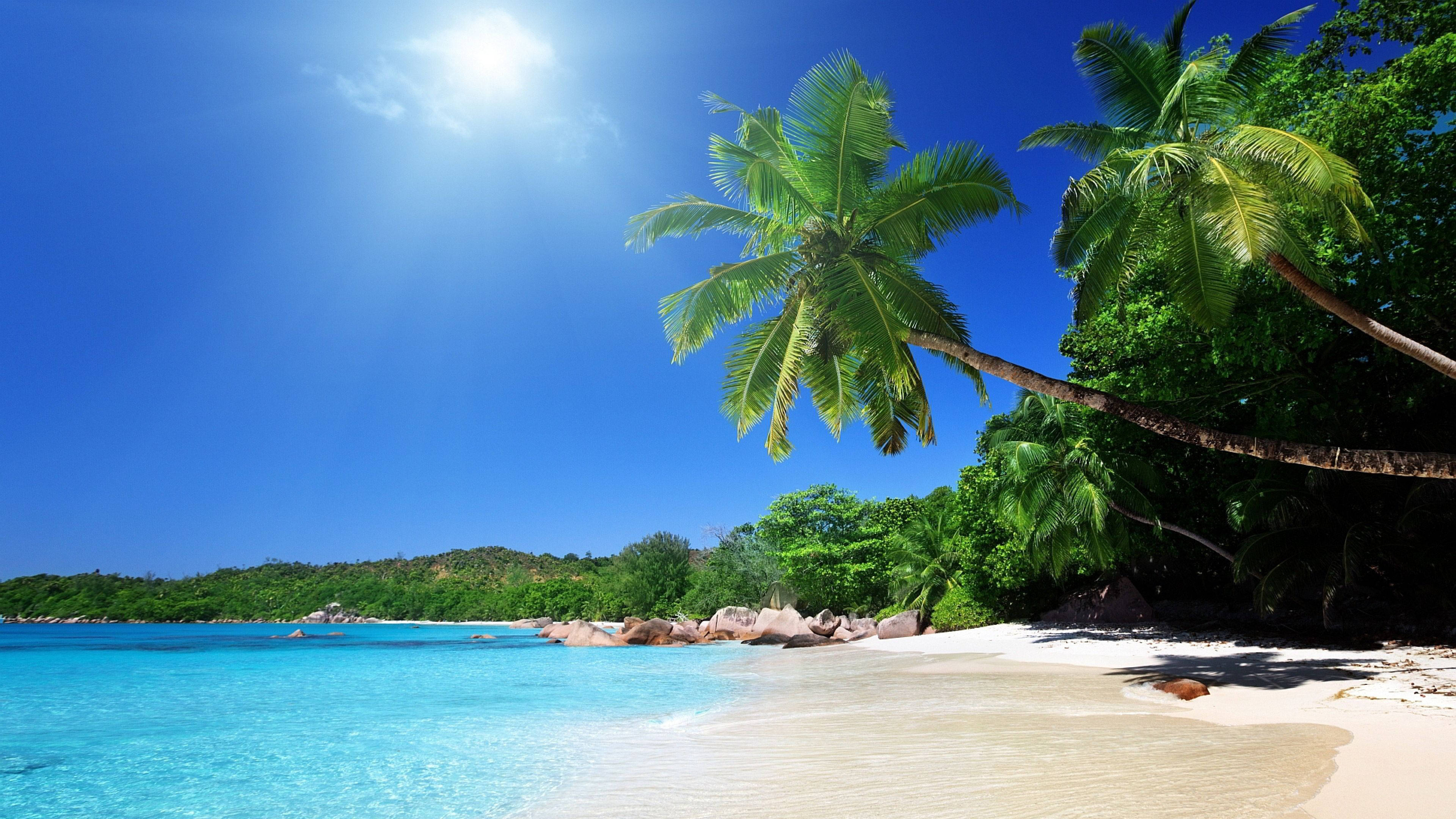 4K Beach, sunny day, turquoise waters, 4K Desktop Wallpaper