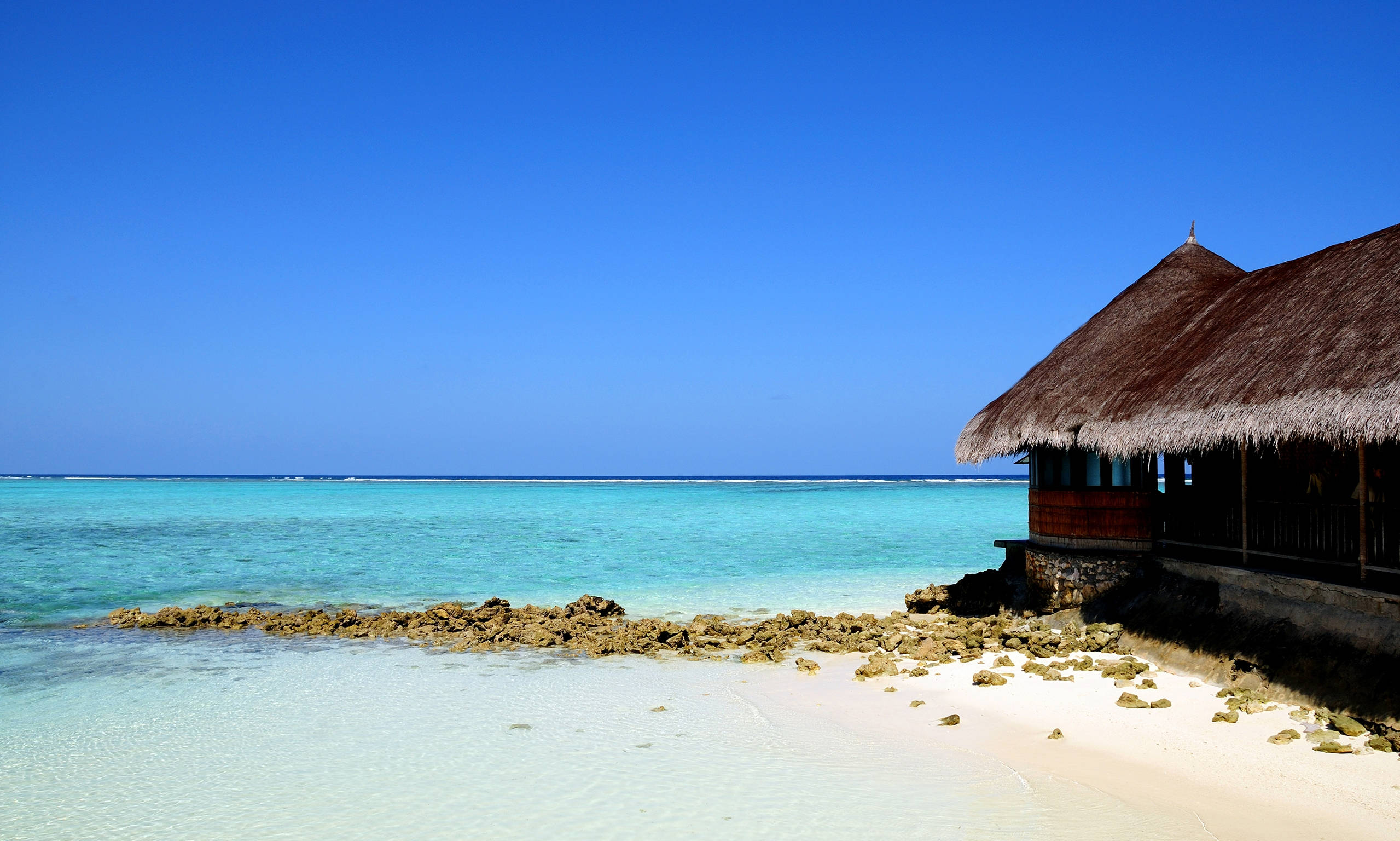 tropical hut, turquoise waters, thatched-roof hut, Full HD Desktop Wallpaper