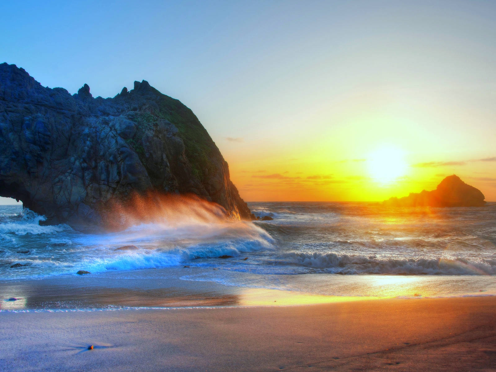 rock formations, sunset, beach, HD Desktop Wallpaper