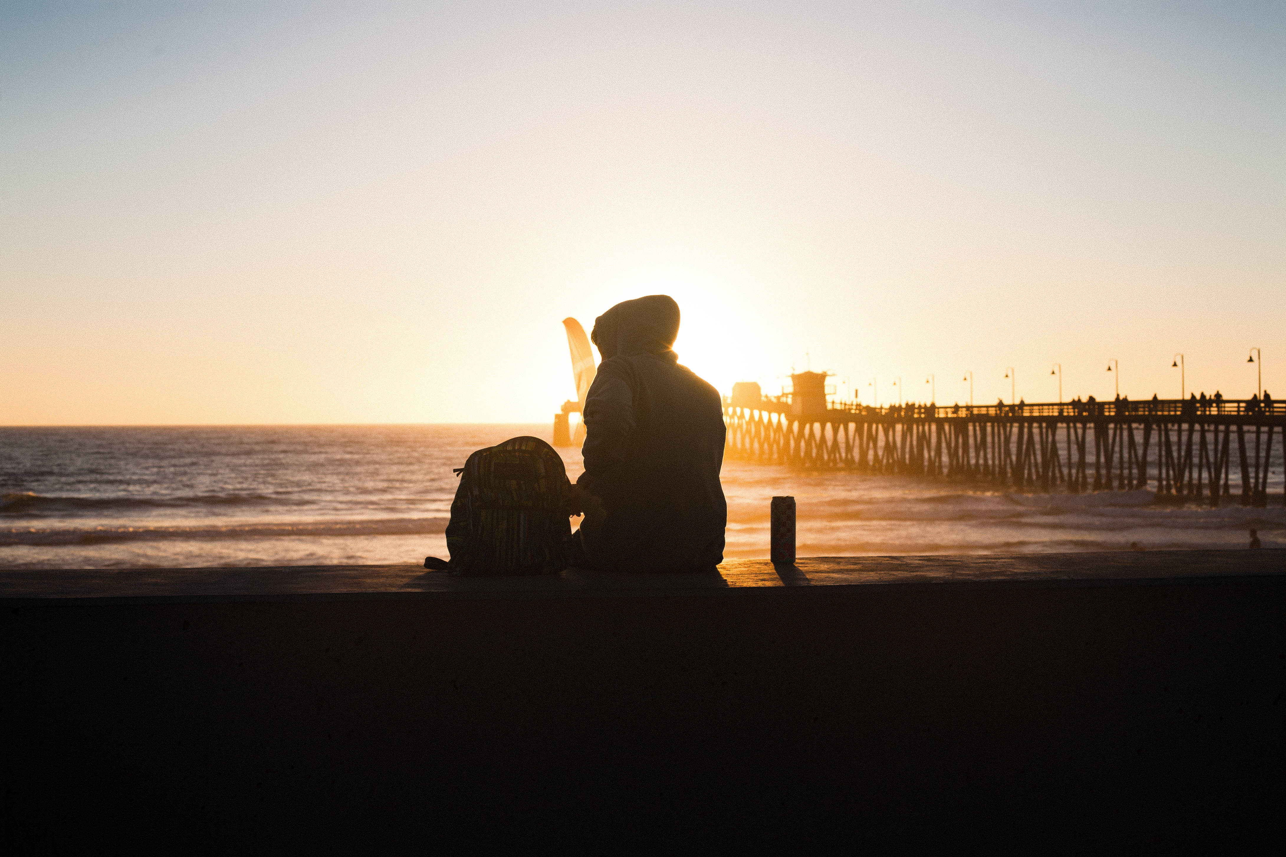 4K Beach, concrete wall, sunset, 4K Desktop Wallpaper