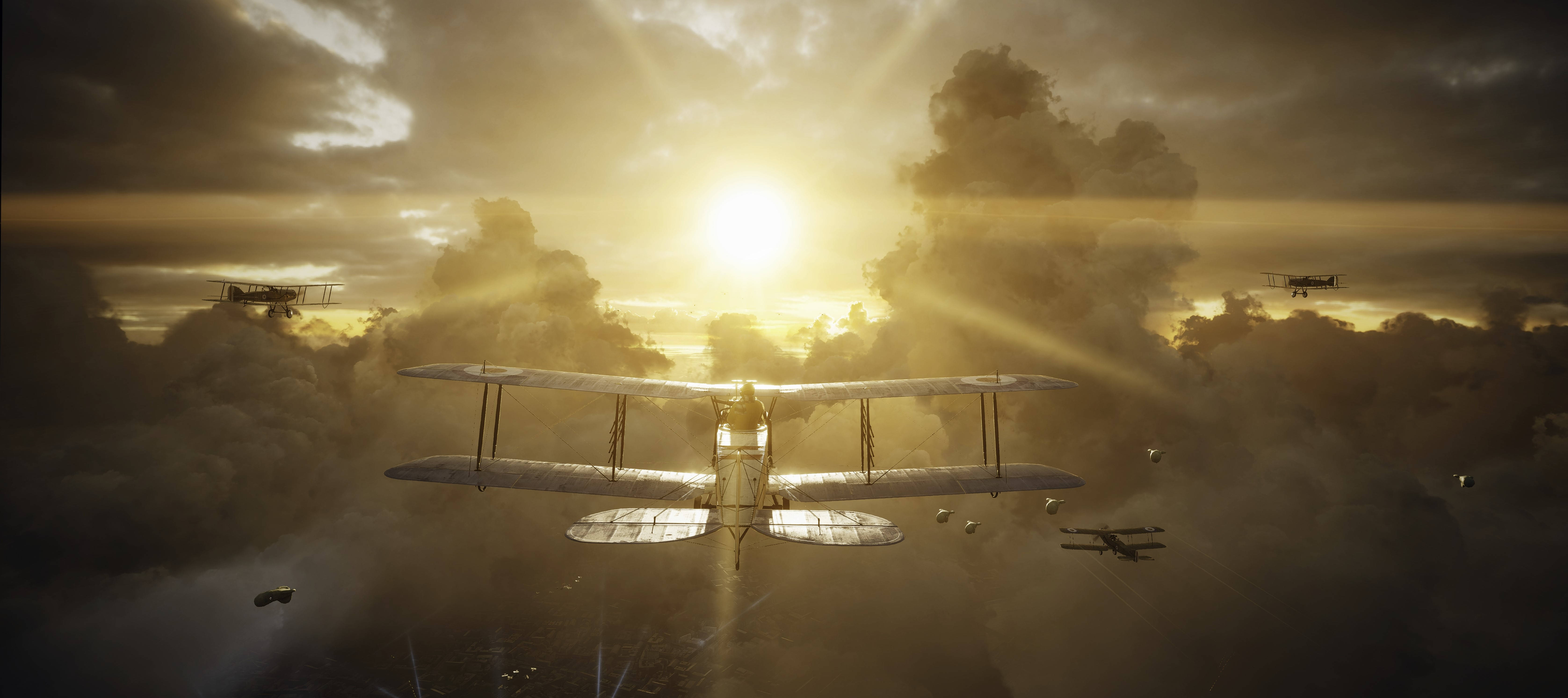 BF1, vintage biplanes, golden clouds, 5K Desktop Wallpaper