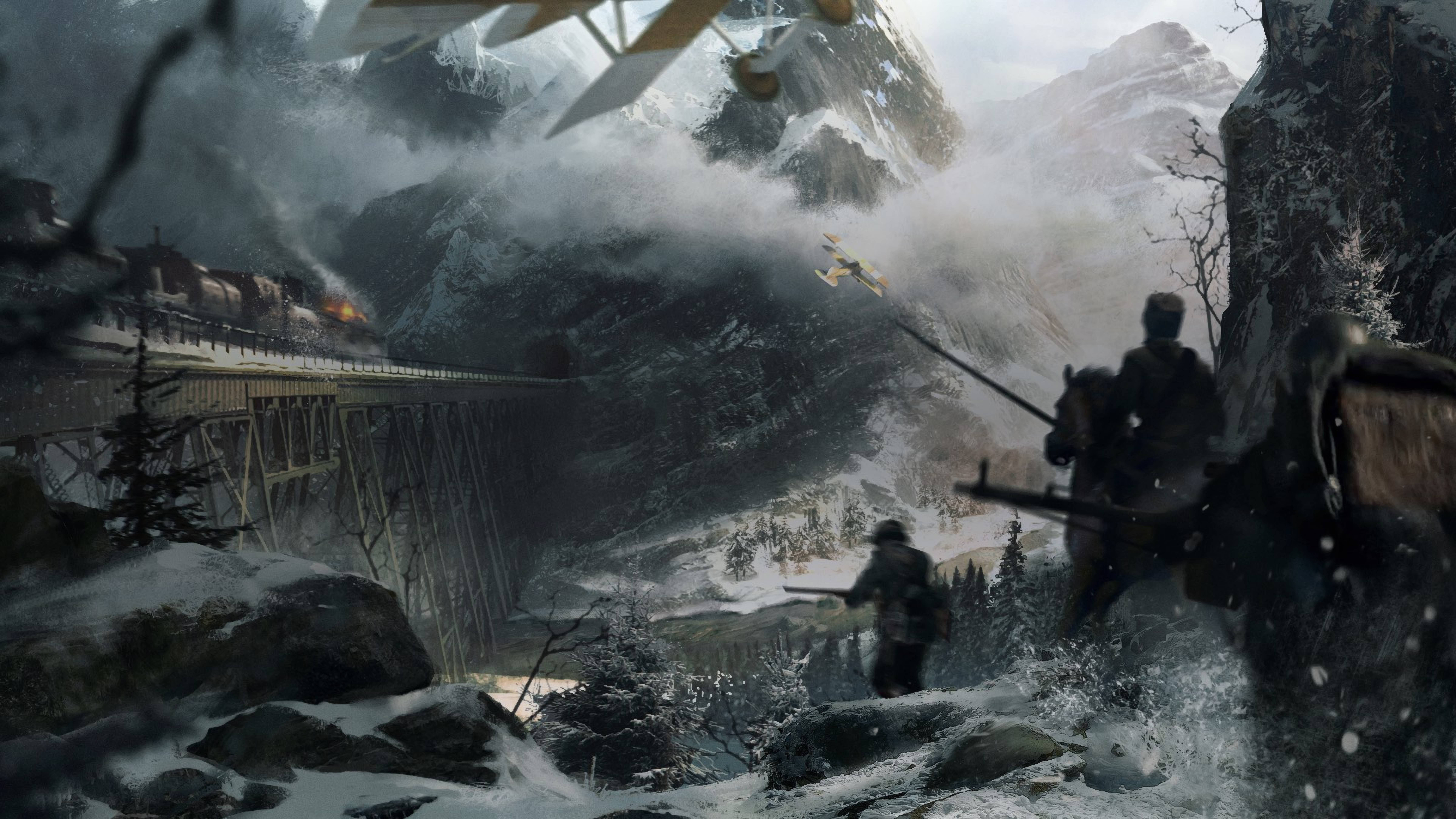 4K Bf1, train raid, snowy mountains, 8K Desktop Wallpaper