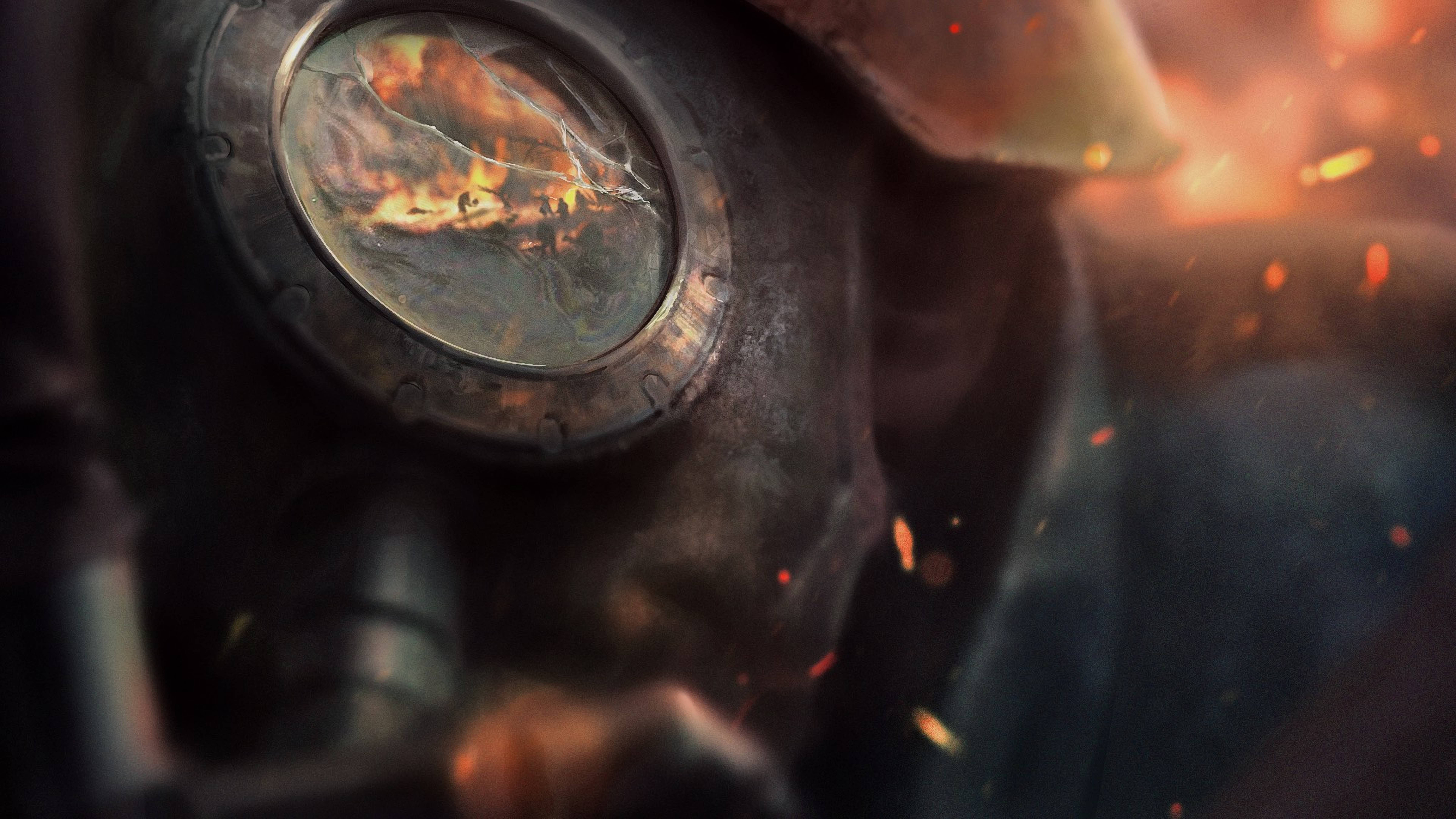 BF1, cracked gas mask viewport, fiery explosion, 8K Desktop Wallpaper