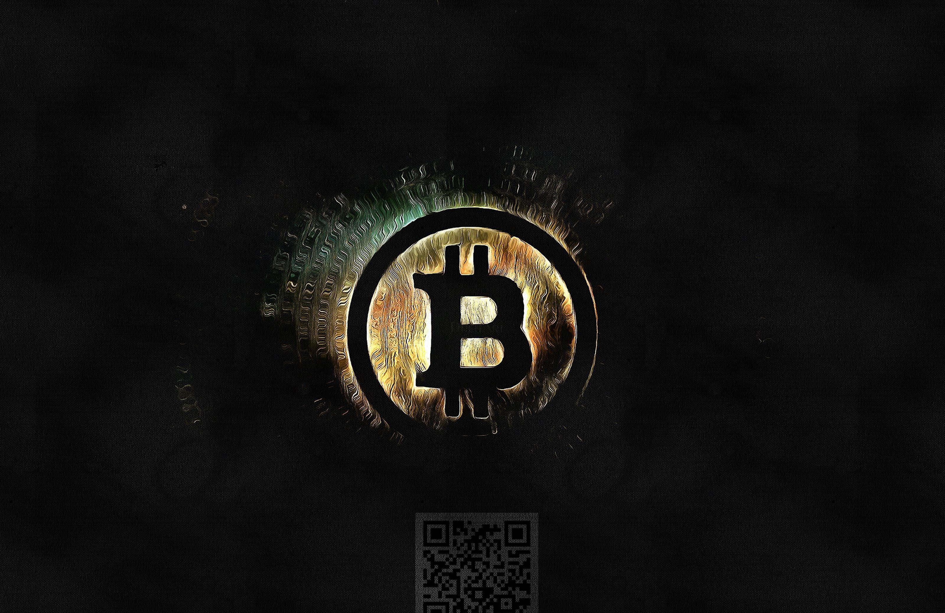 Bitcoin, golden Bitcoin symbol, dark textured background, 2K Desktop Wallpaper