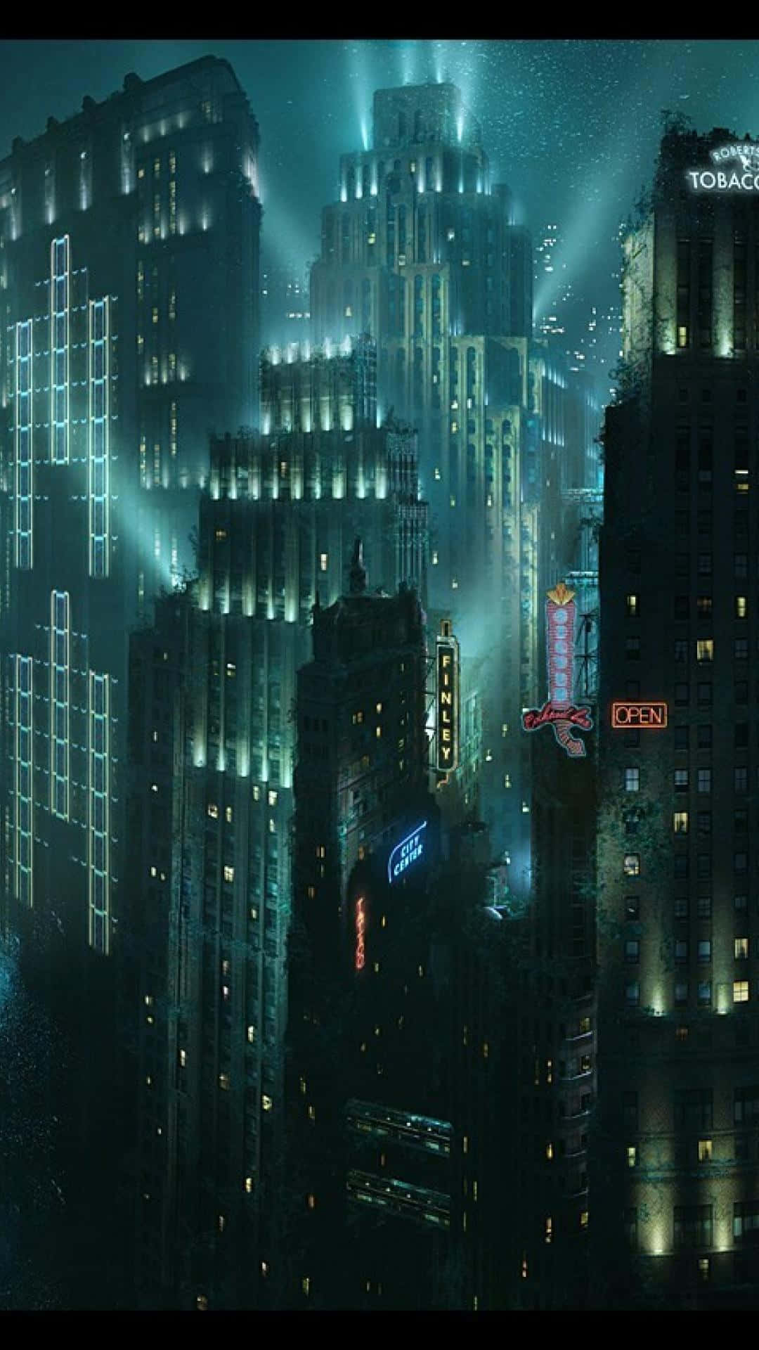 4K Bioshock iPhone, cyberpunk cityscape, neon-lit, Full HD Phone Wallpaper