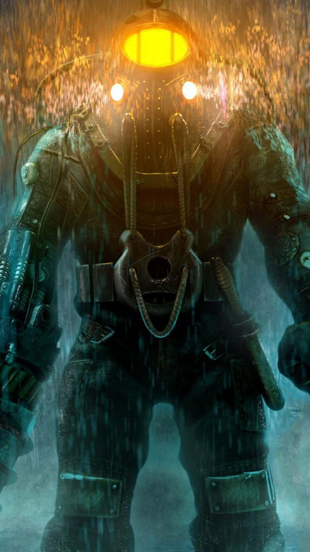 4K Bioshock iPhone, armored diver, glowing yellow helmet, Full HD Phone Wallpaper
