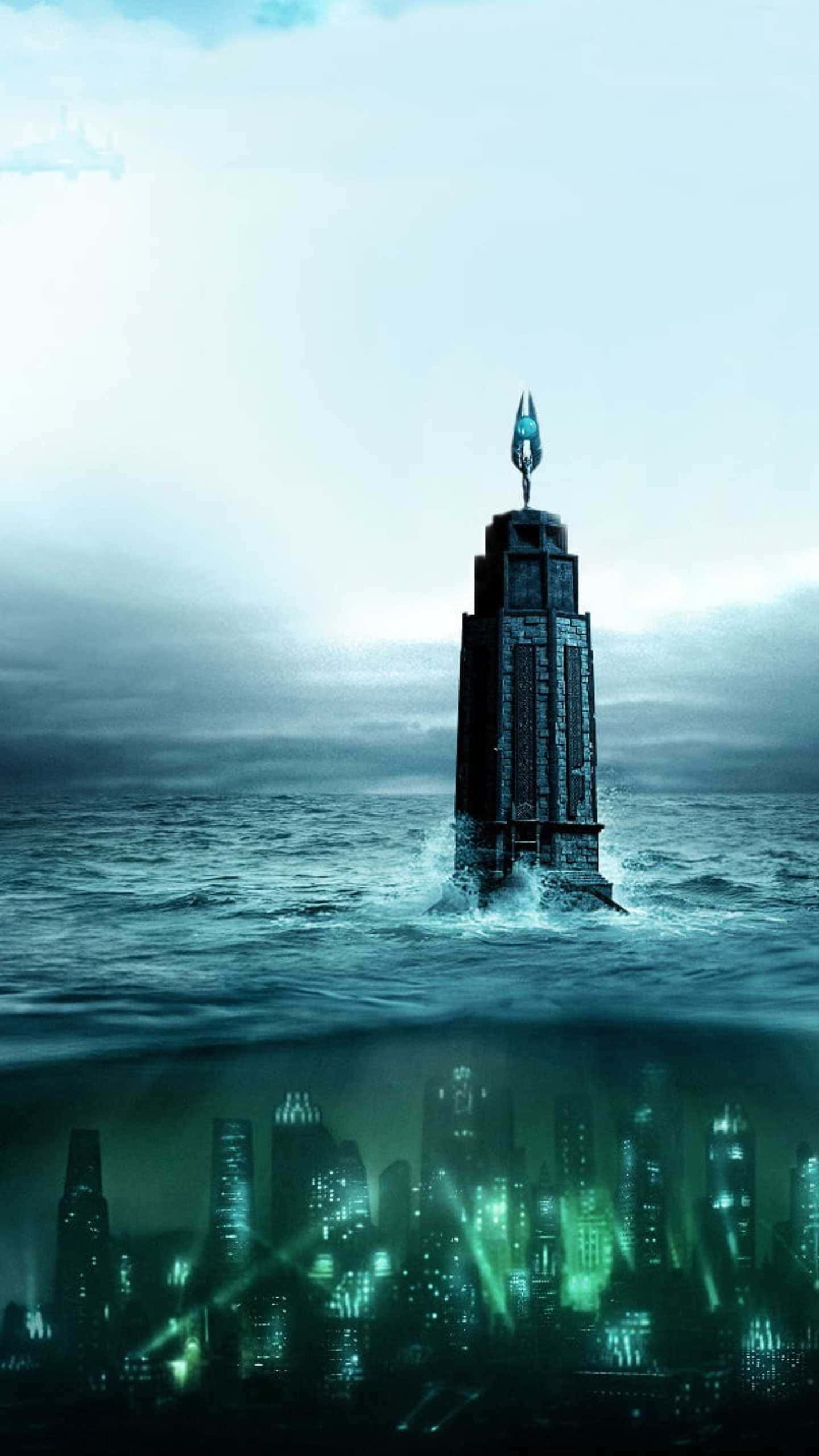 Bioshock, skyscraper, turbulent ocean waters, 2K Phone Wallpaper