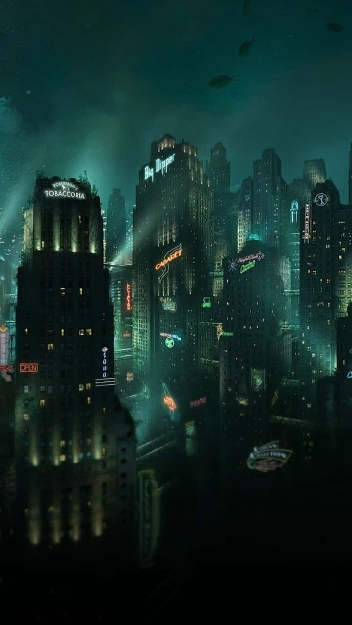 4K Bioshock, iPhone, neon-lit cyberpunk cityscape, HD Phone Wallpaper
