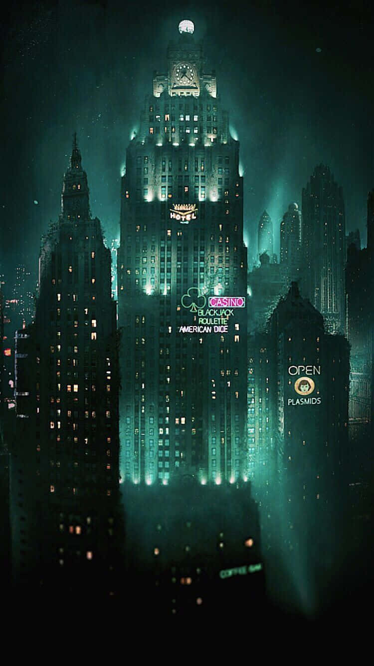 neon-lit hotel casino skyscraper, misty futuristic cityscape, glowing signs, HD Phone Wallpaper