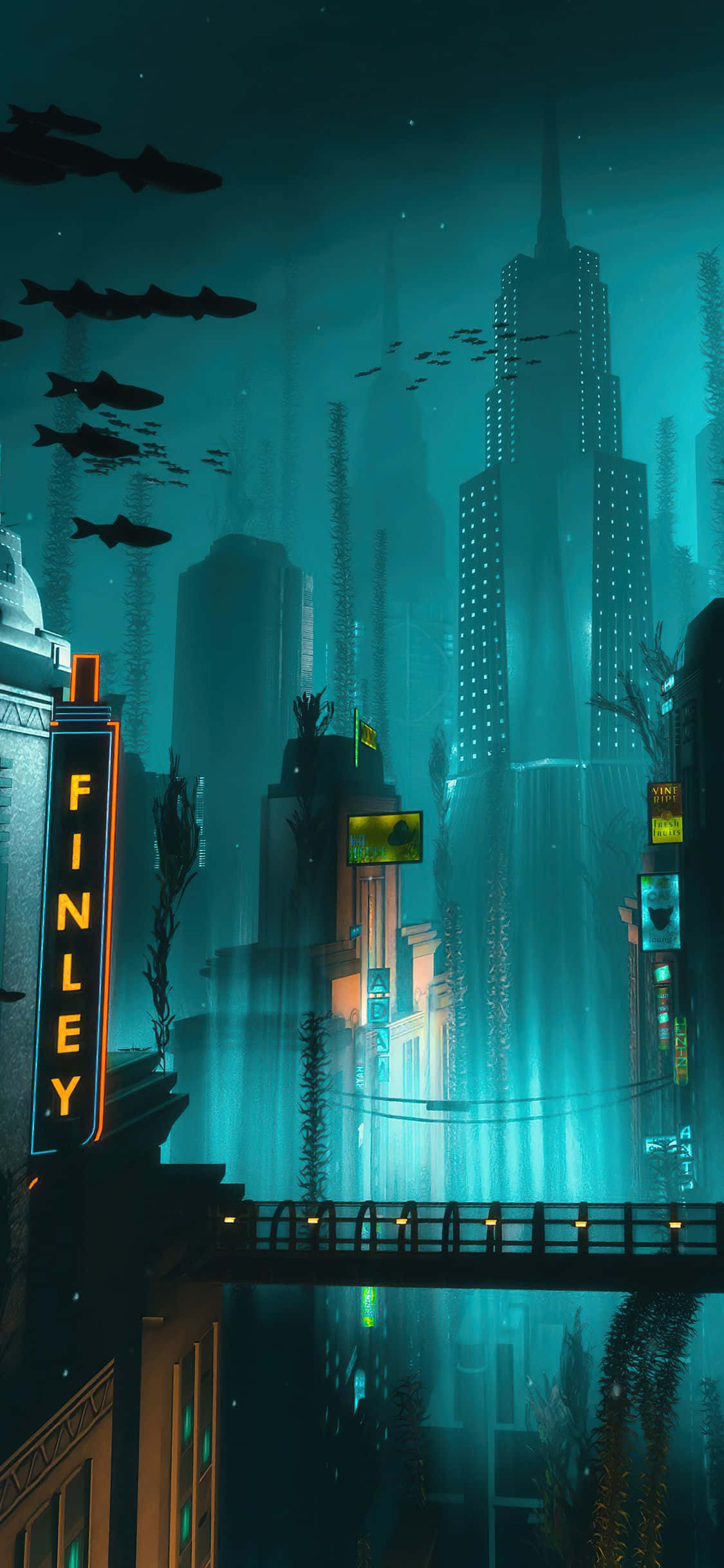 4K Bioshock iPhone, Bioshock, neon-lit underwater cityscape, Full HD Phone Wallpaper
