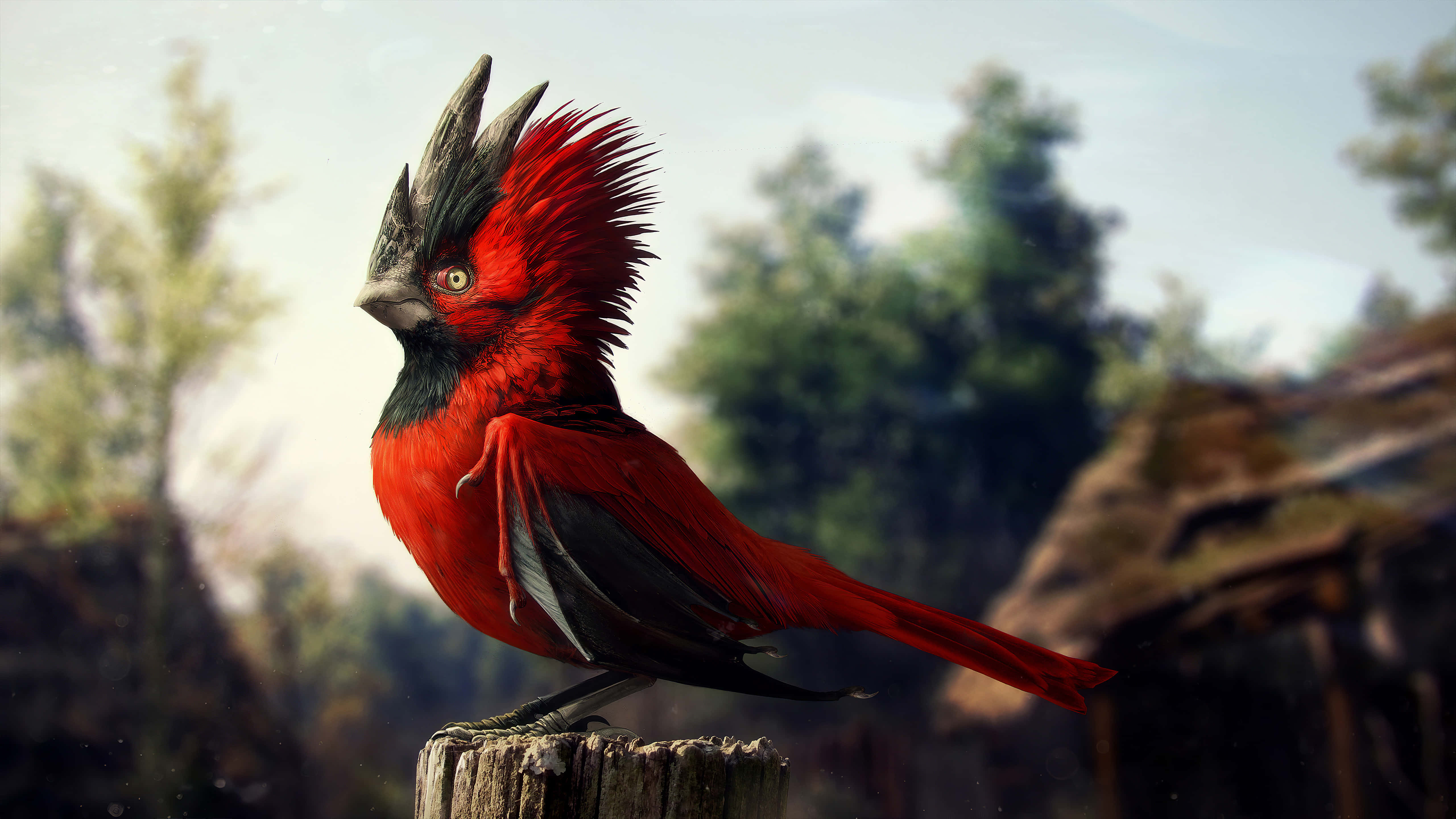 vibrant red crested bird, spiky crest, sharp beak, 5K Desktop Wallpaper
