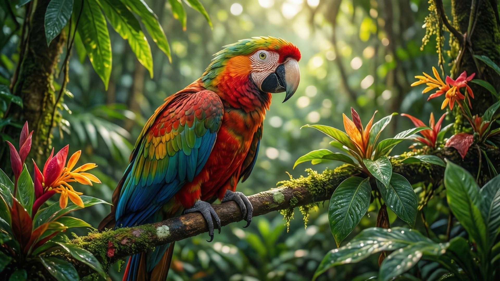 tropical macaw, scarlet macaw, mossy branch, Full HD Desktop Wallpaper