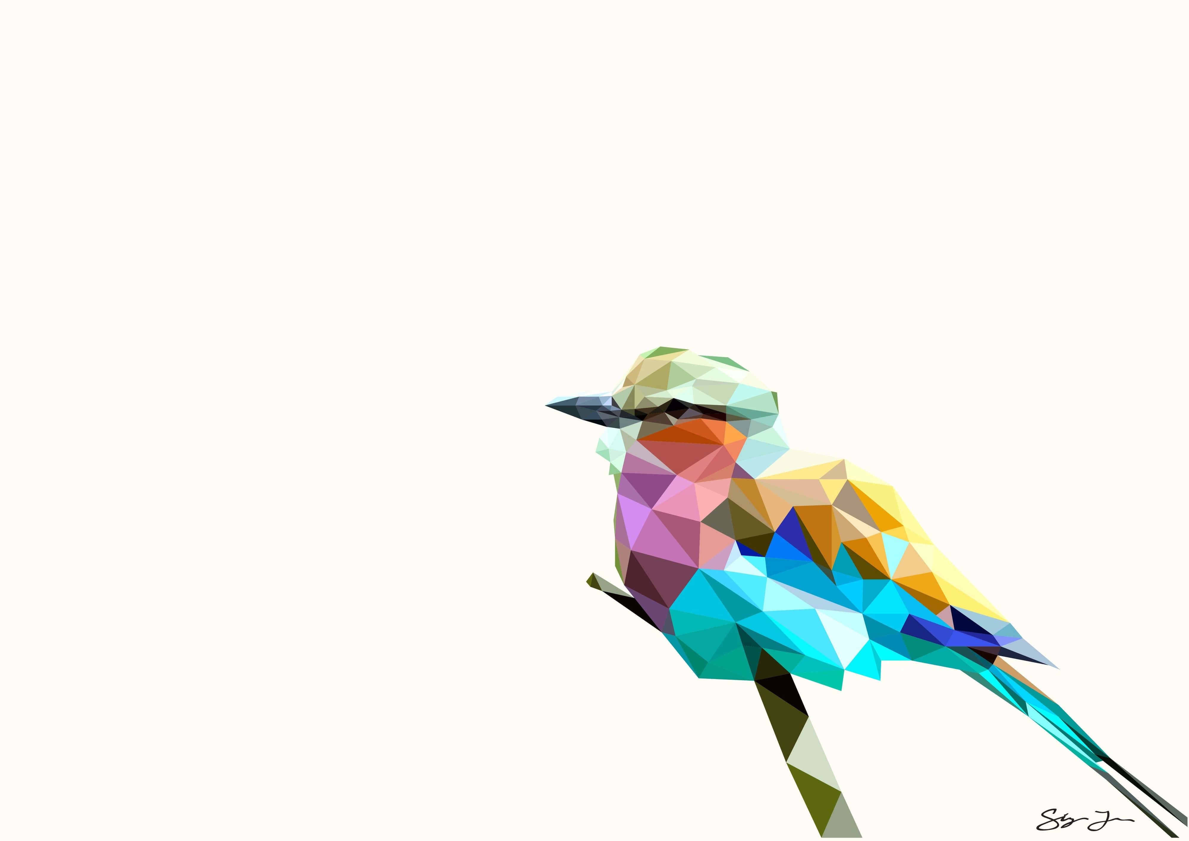 colorful geometric bird, multicolored triangular facets, branch, 4K Desktop Wallpaper