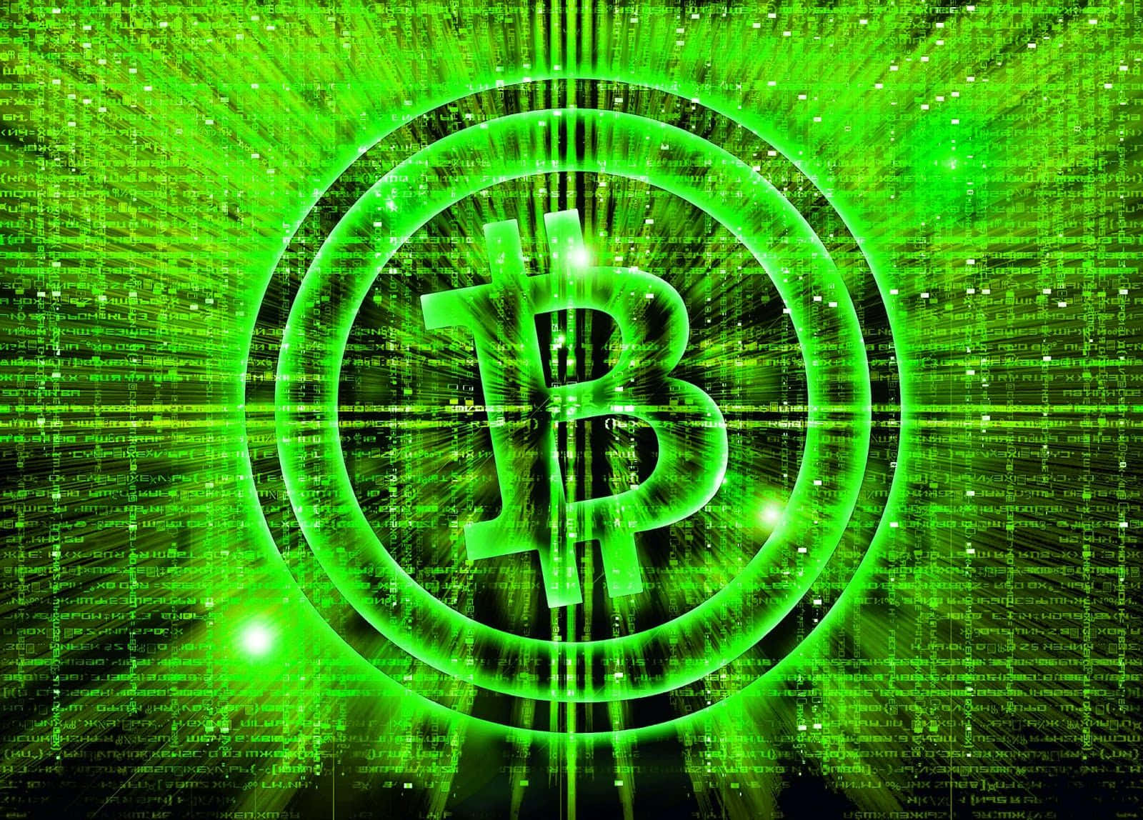 4K Bitcoin, glowing green Bitcoin symbol, cascading digital code, HD Desktop Wallpaper