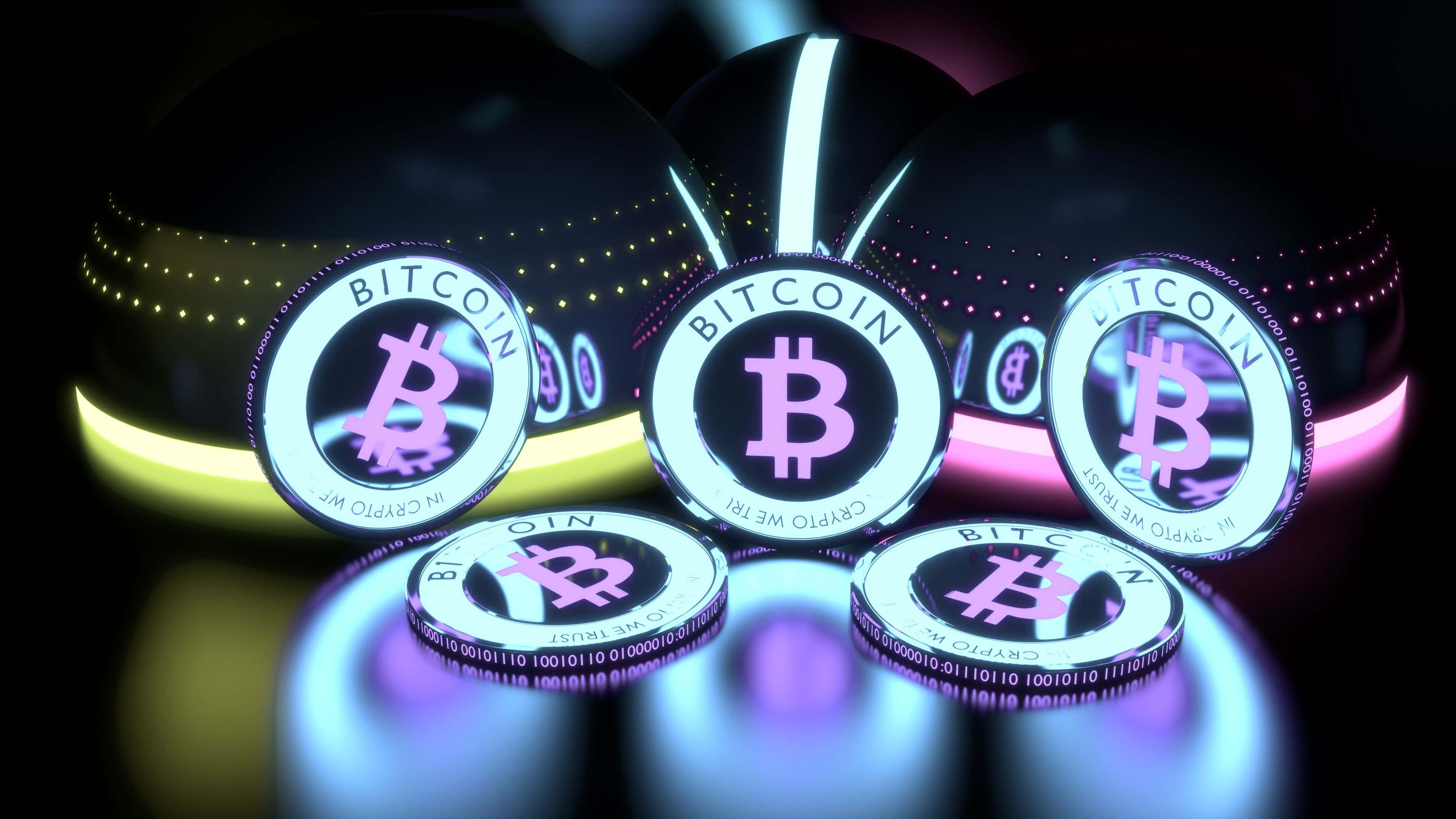 4K Bitcoin, neon lights, dark reflective surface, 4K Desktop Wallpaper