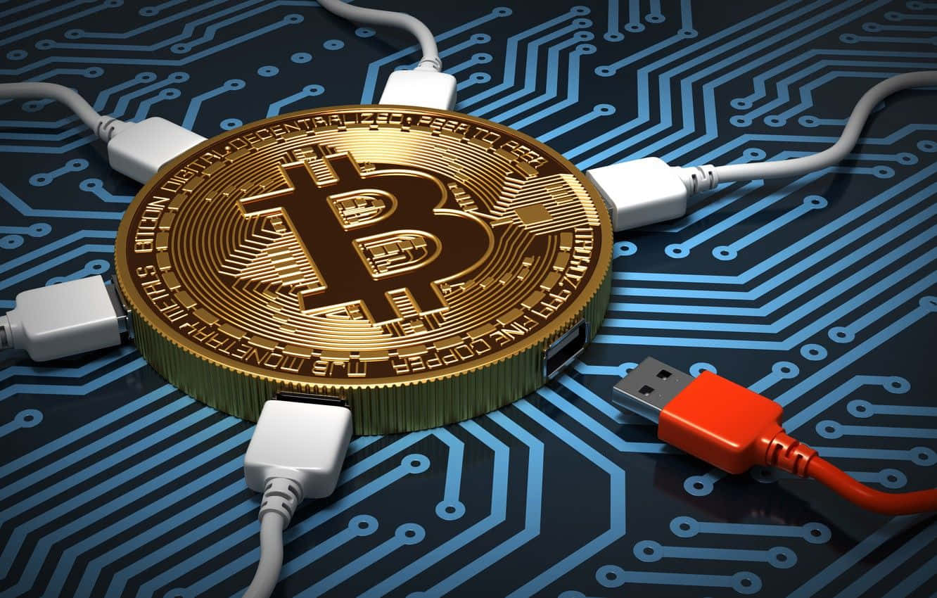 Bitcoin, golden Bitcoin coin, USB cables, HD Desktop Wallpaper