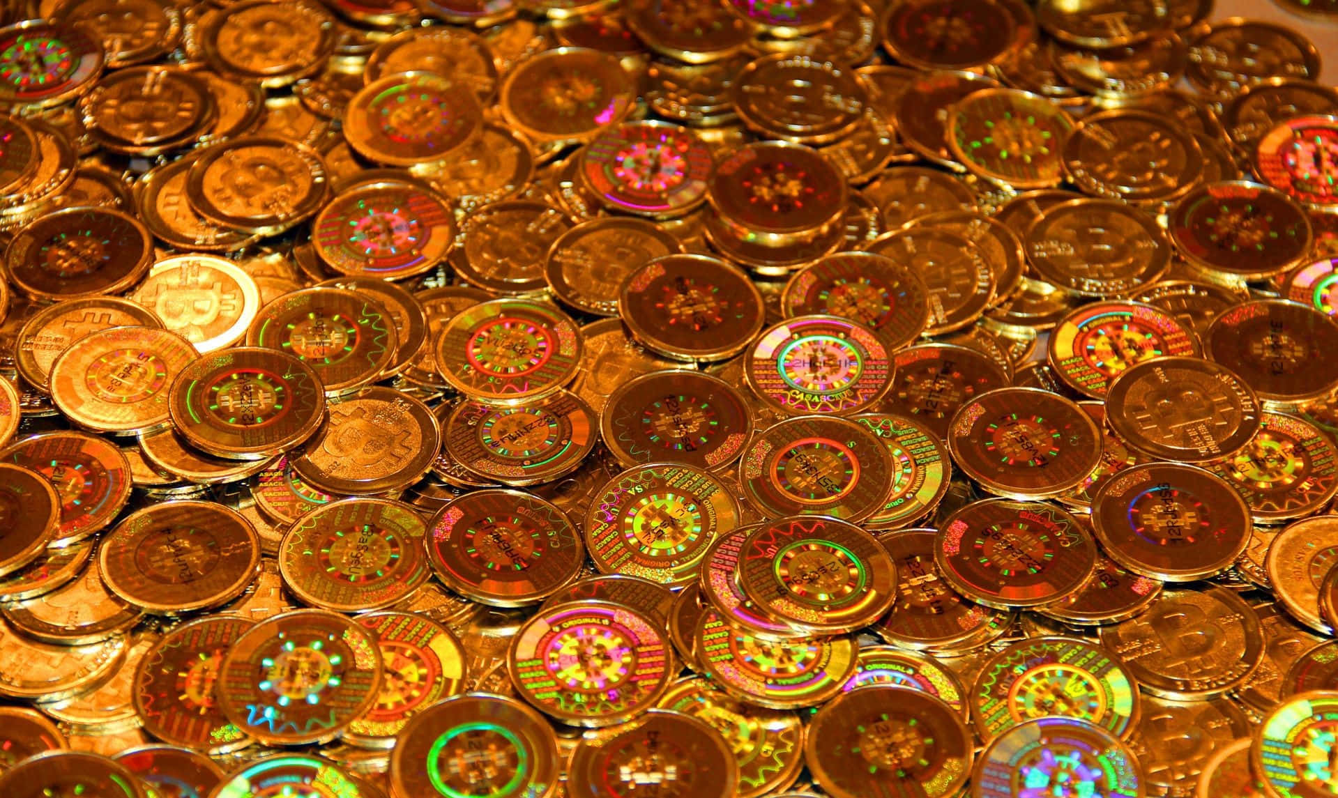 4K Bitcoin, gold-colored cryptocurrency coins, iridescent holographic patterns, HD Desktop Wallpaper