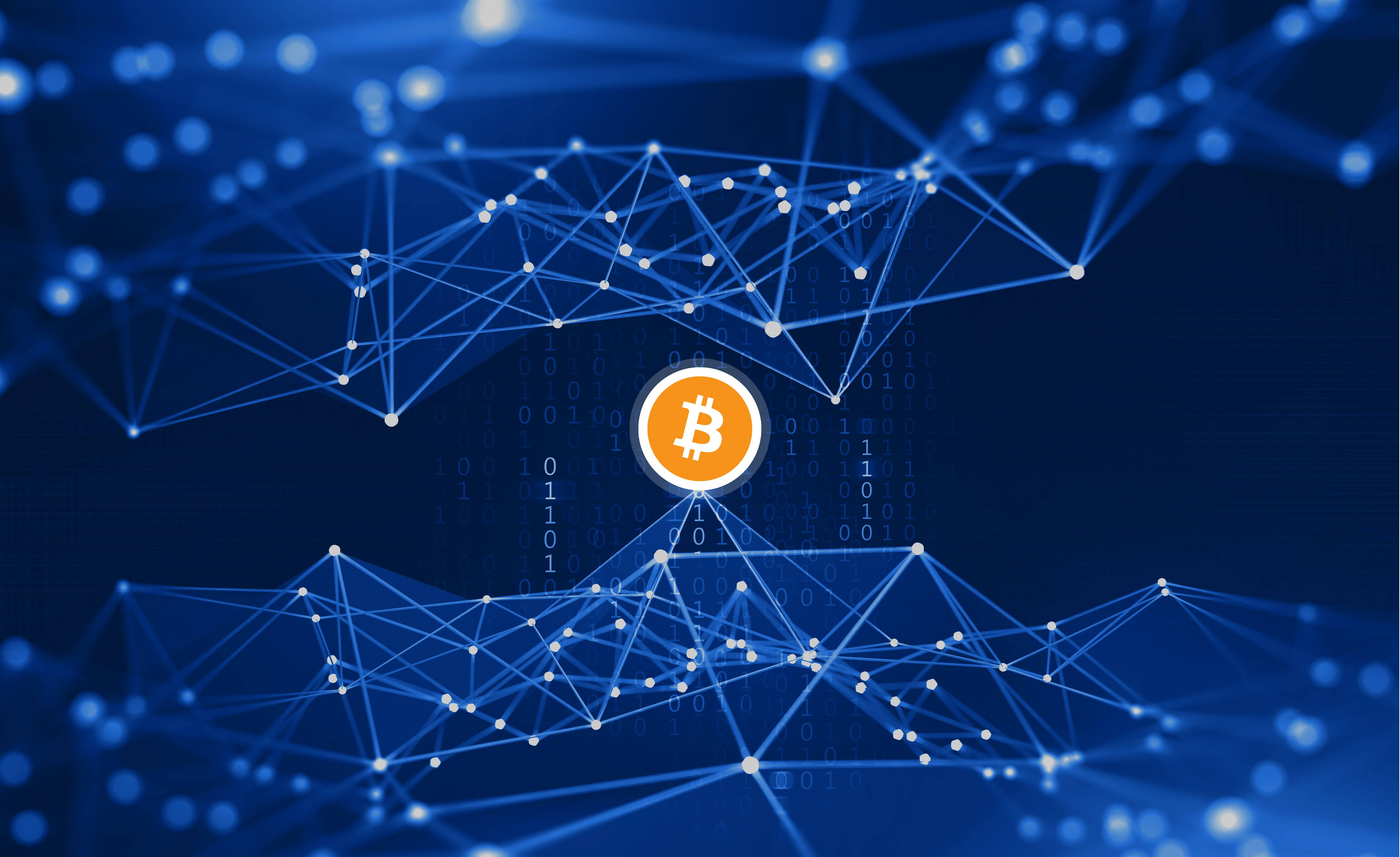 blue bitcoin technology, Bitcoin logo, futuristic blue digital network, 5K Desktop Wallpaper