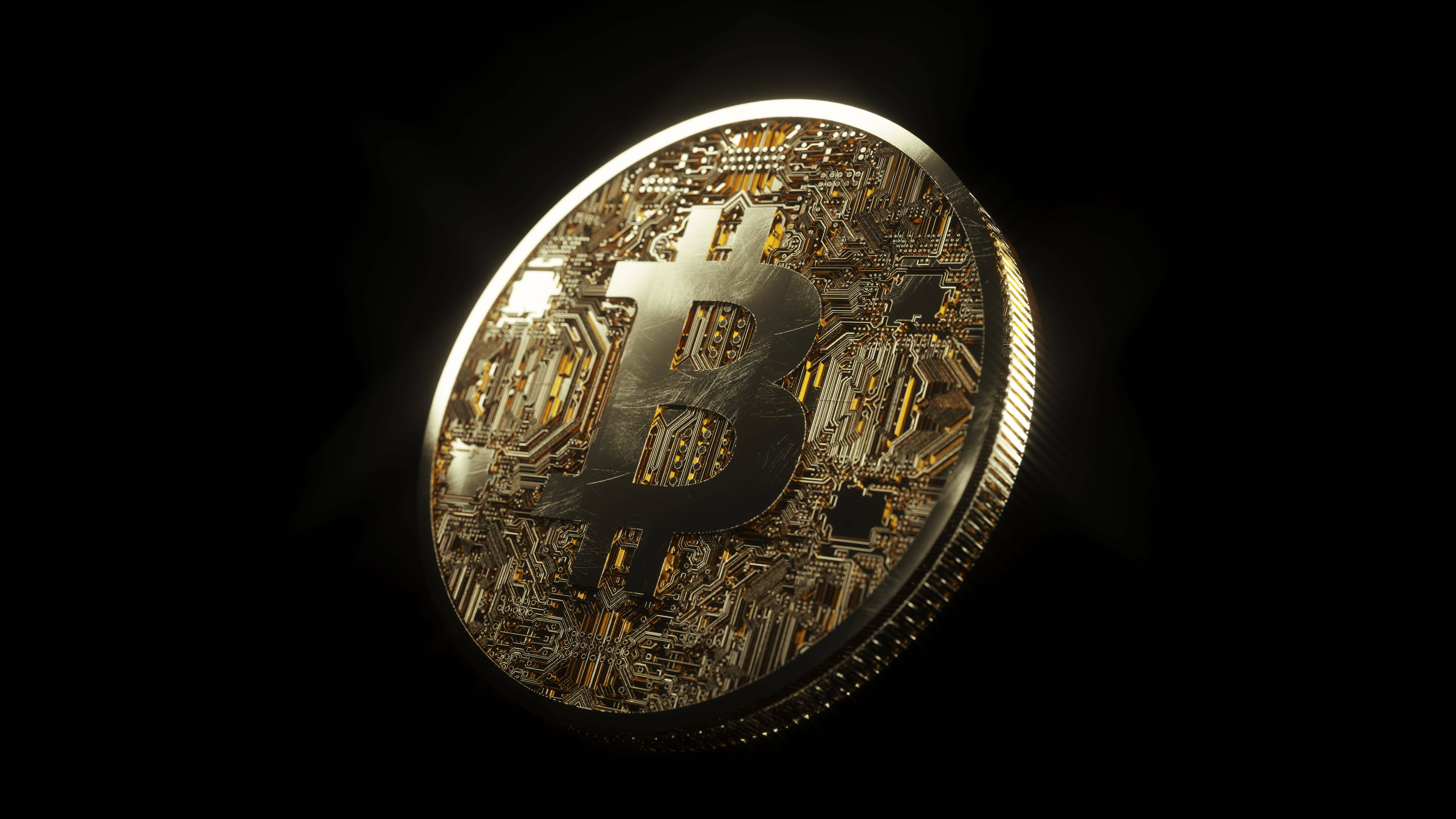 Bitcoin, gold, circuit board texture, 8K Desktop Wallpaper