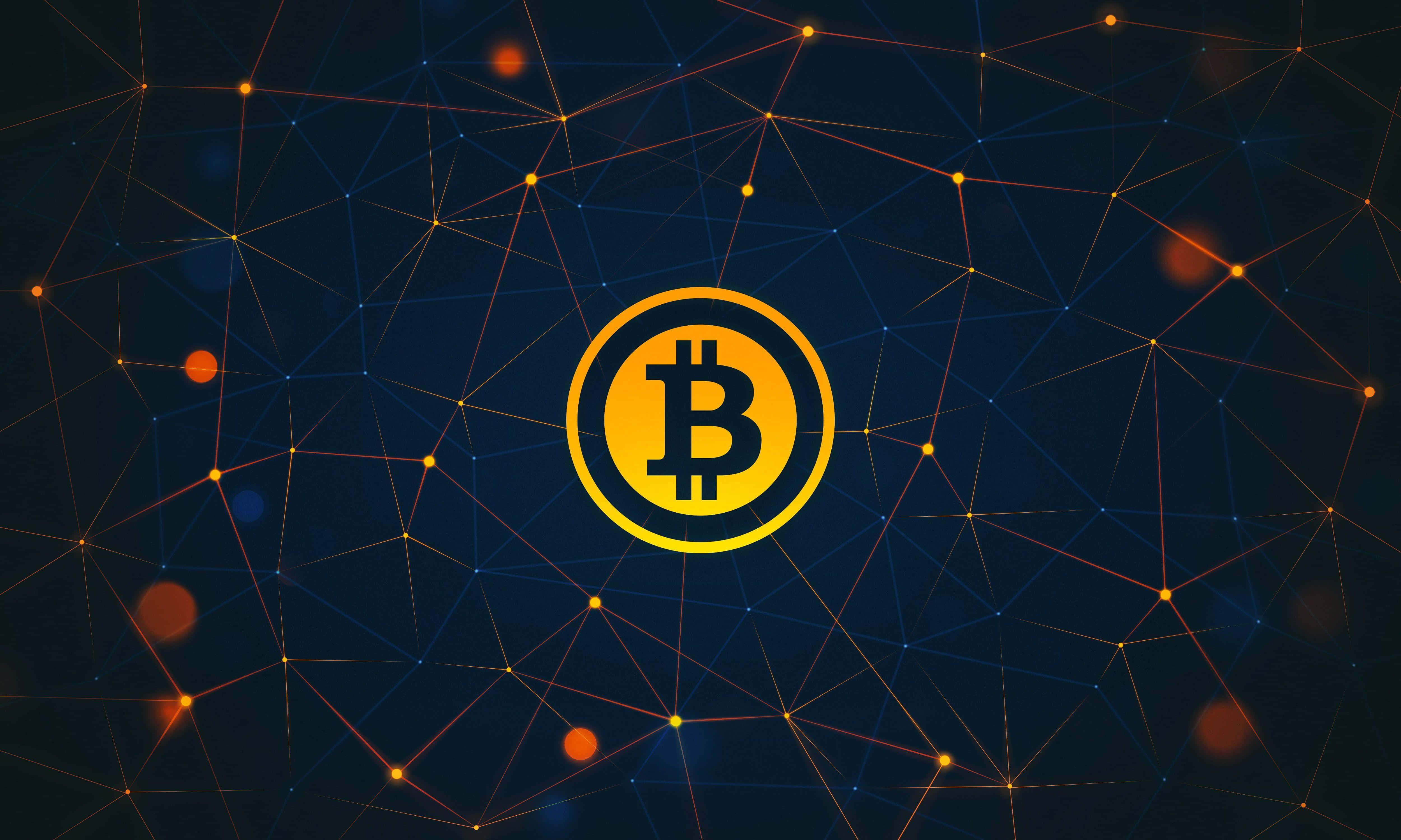 Bitcoin logo, dark blue digital network, orange glowing nodes, 4K Desktop Wallpaper