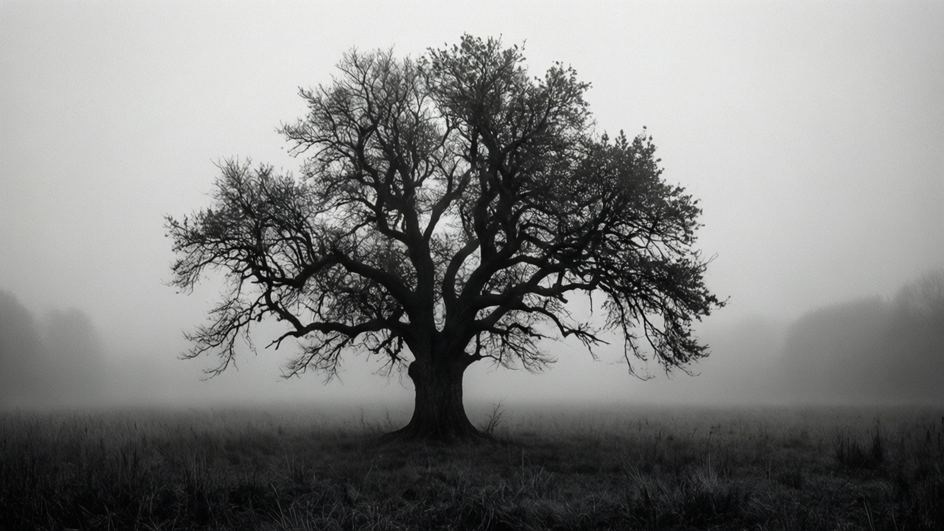 solitary tree, mist, foggy field, Full HD Desktop Wallpaper