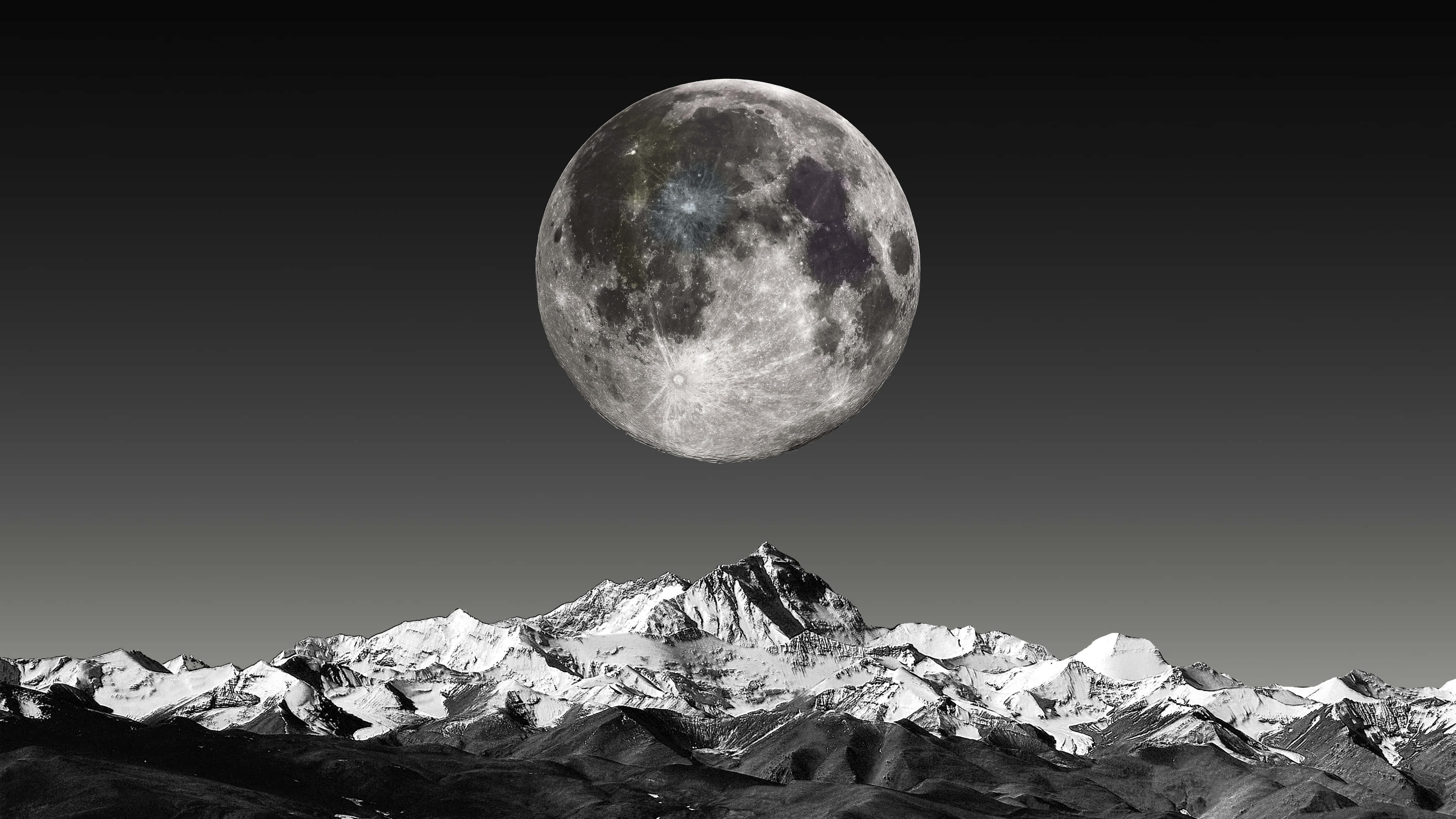 full moon, mountain ridge, snowcapped mountain range, 4K Desktop Wallpaper