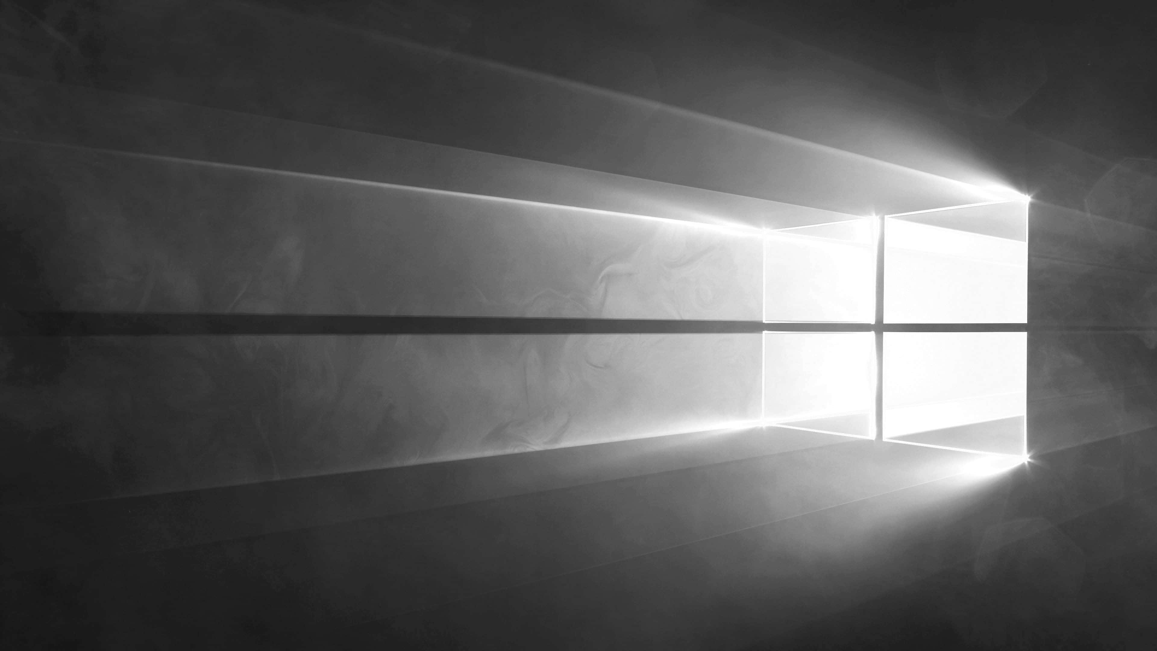 abstract light through window, glowing white window logo, dark smoky atmosphere, 4K Desktop Wallpaper
