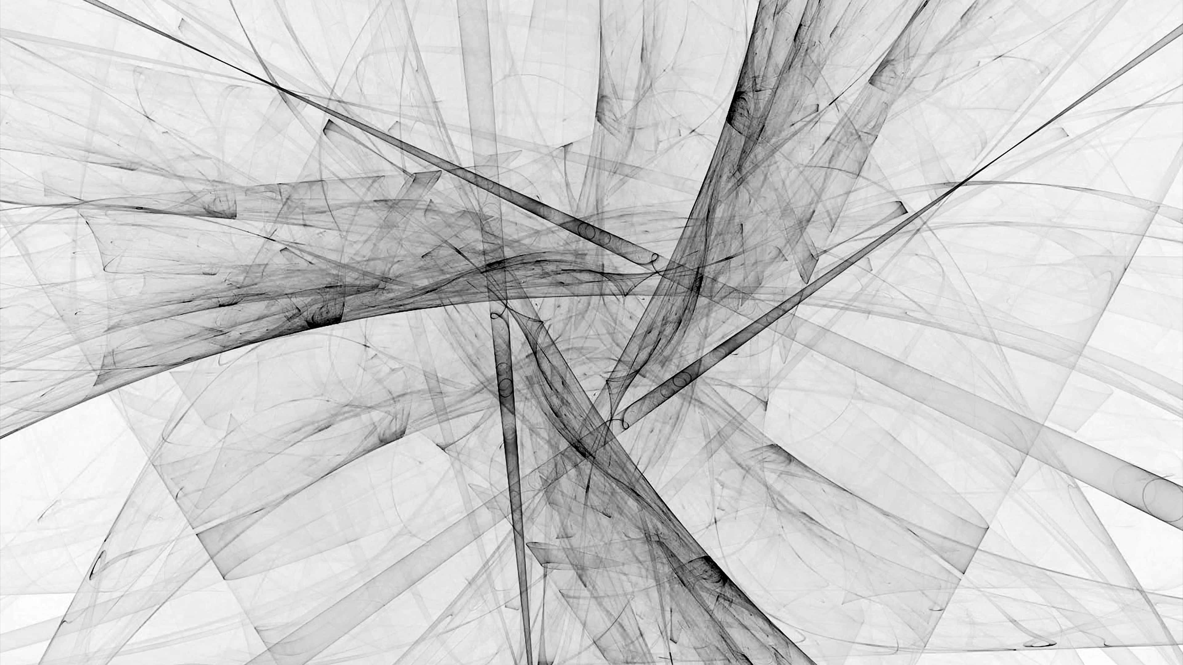 abstract black and white fractal art, swirling smoke-like textures, intersecting geometric lines, 4K Desktop Wallpaper