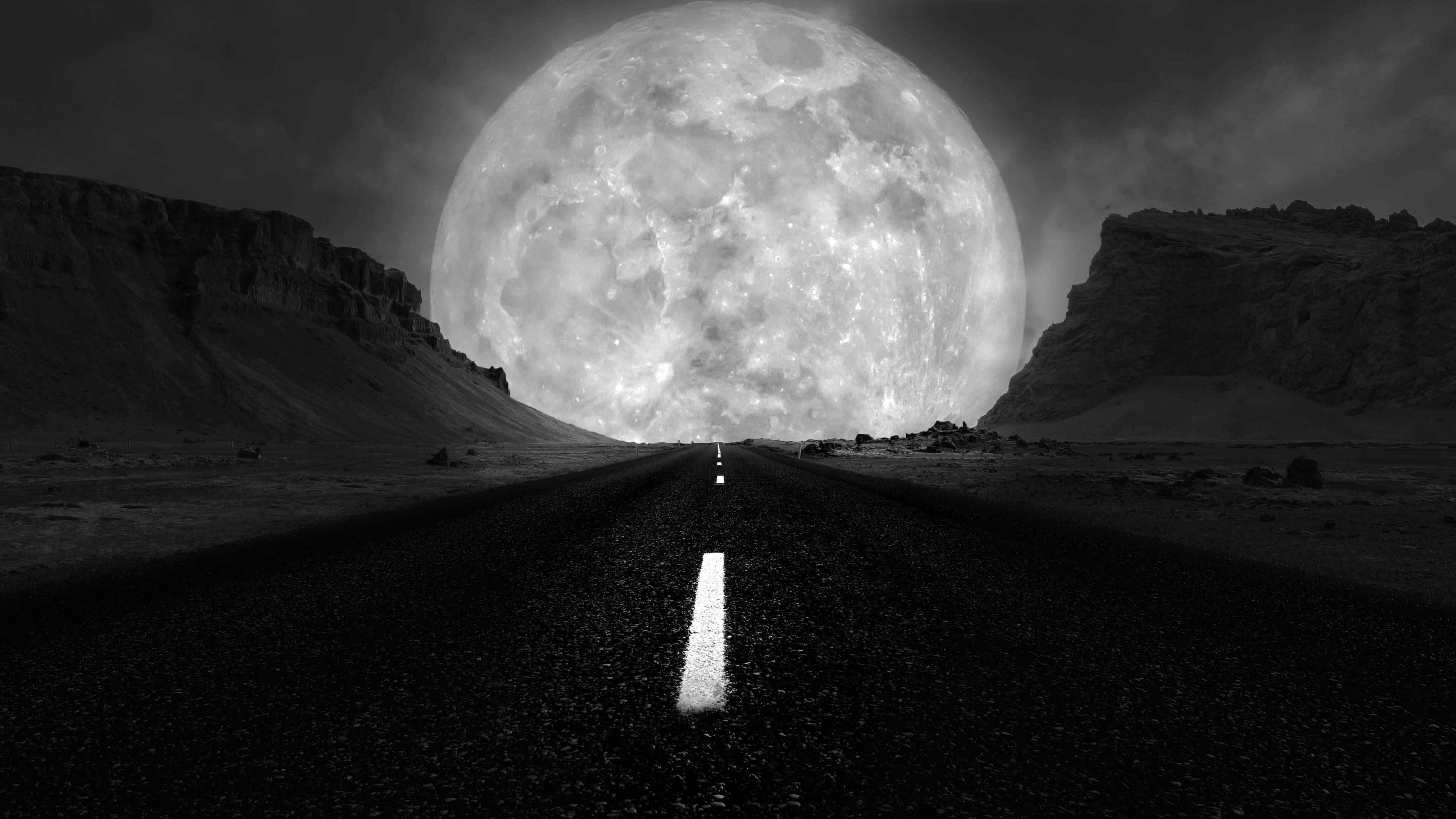 monochrome desert road, giant moon, rocky cliffs, 4K Desktop Wallpaper