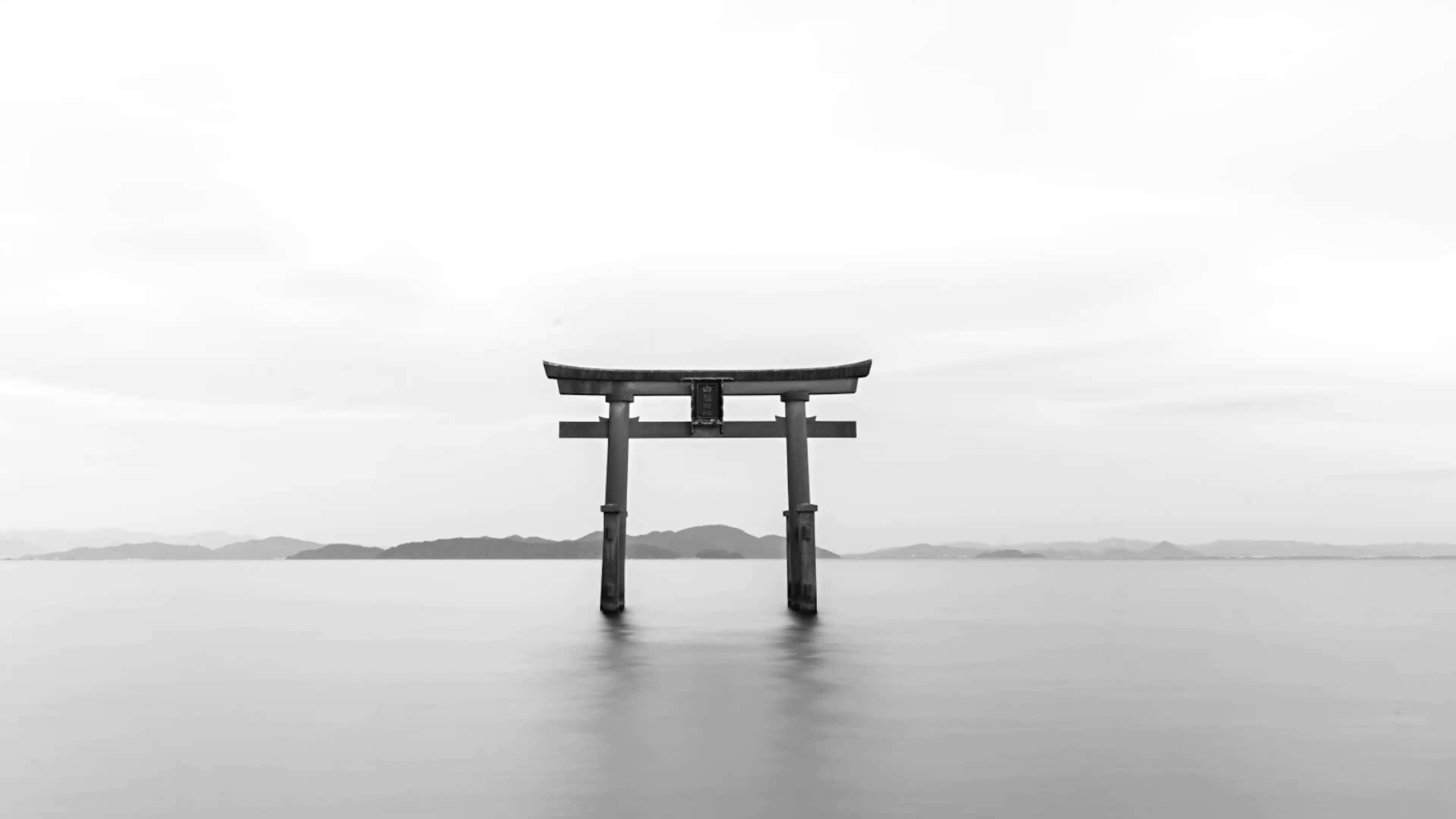 torii gate, wooden torii gate, calm water, 4K Desktop Wallpaper