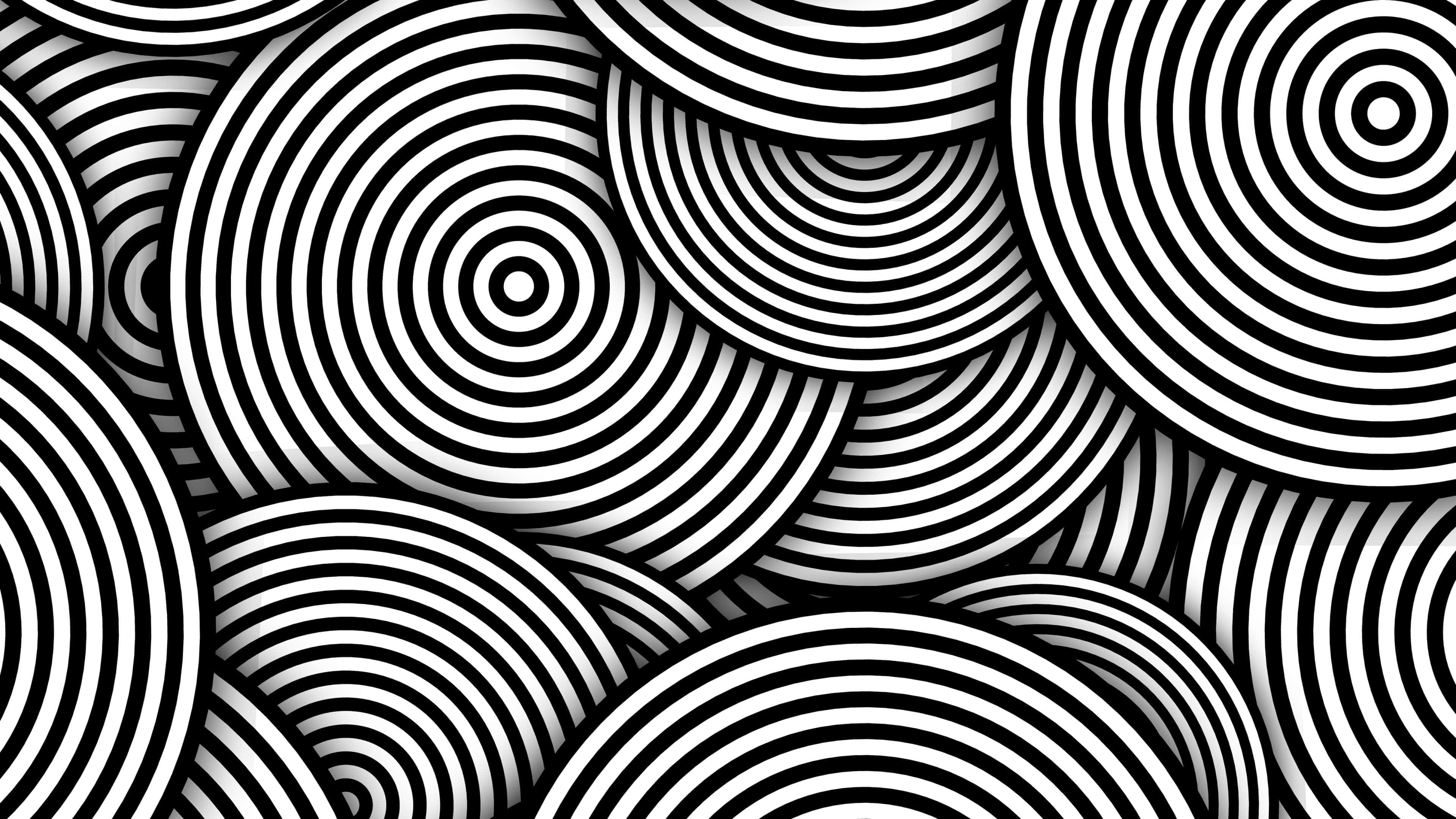 abstract black and white concentric circles pattern, overlapping black and white concentric circles, hypnotic optical illusion pattern, 4K Desktop Wallpaper