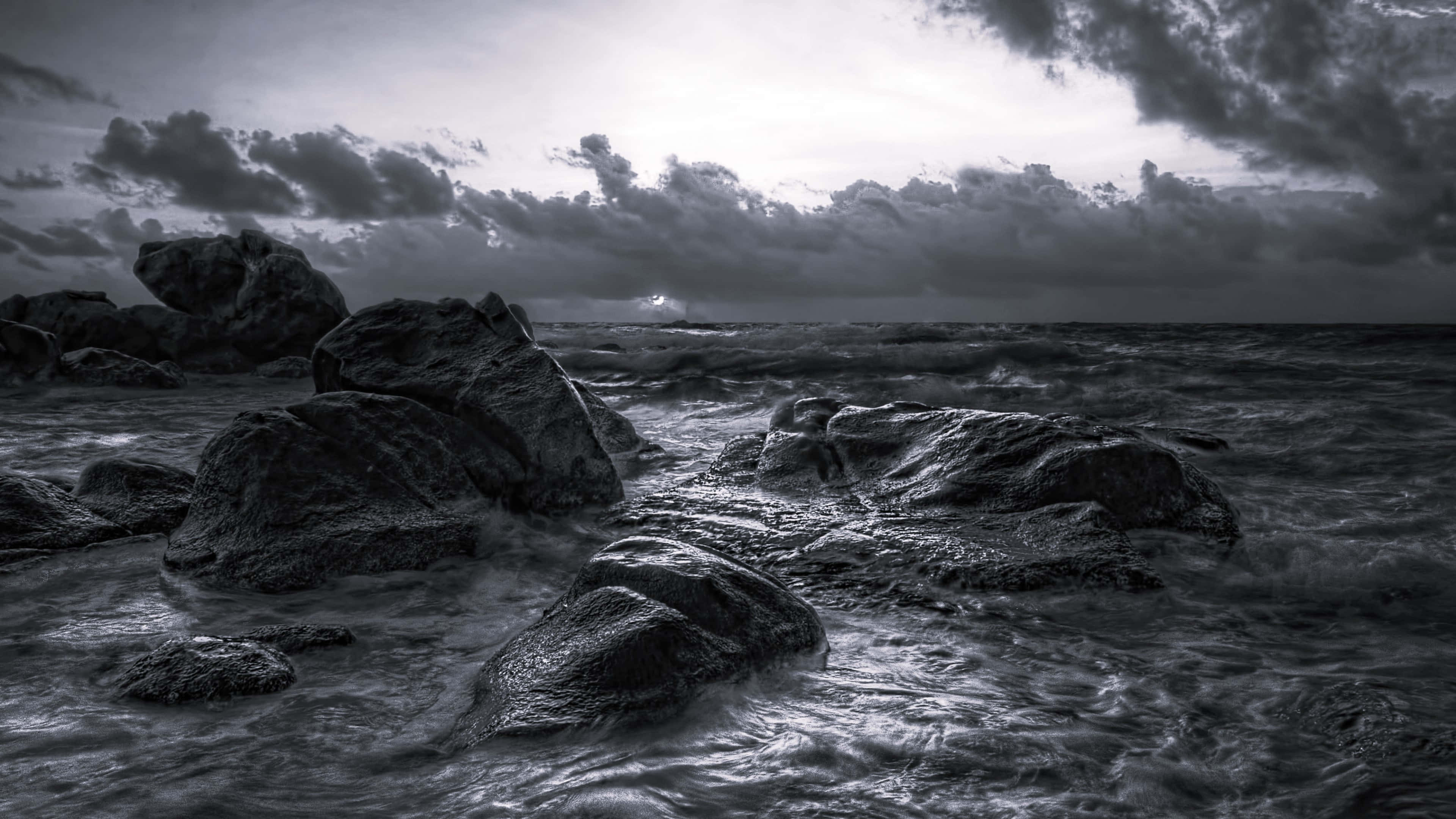 Monochrome, Ocean, Sunset, 4K Desktop Wallpaper